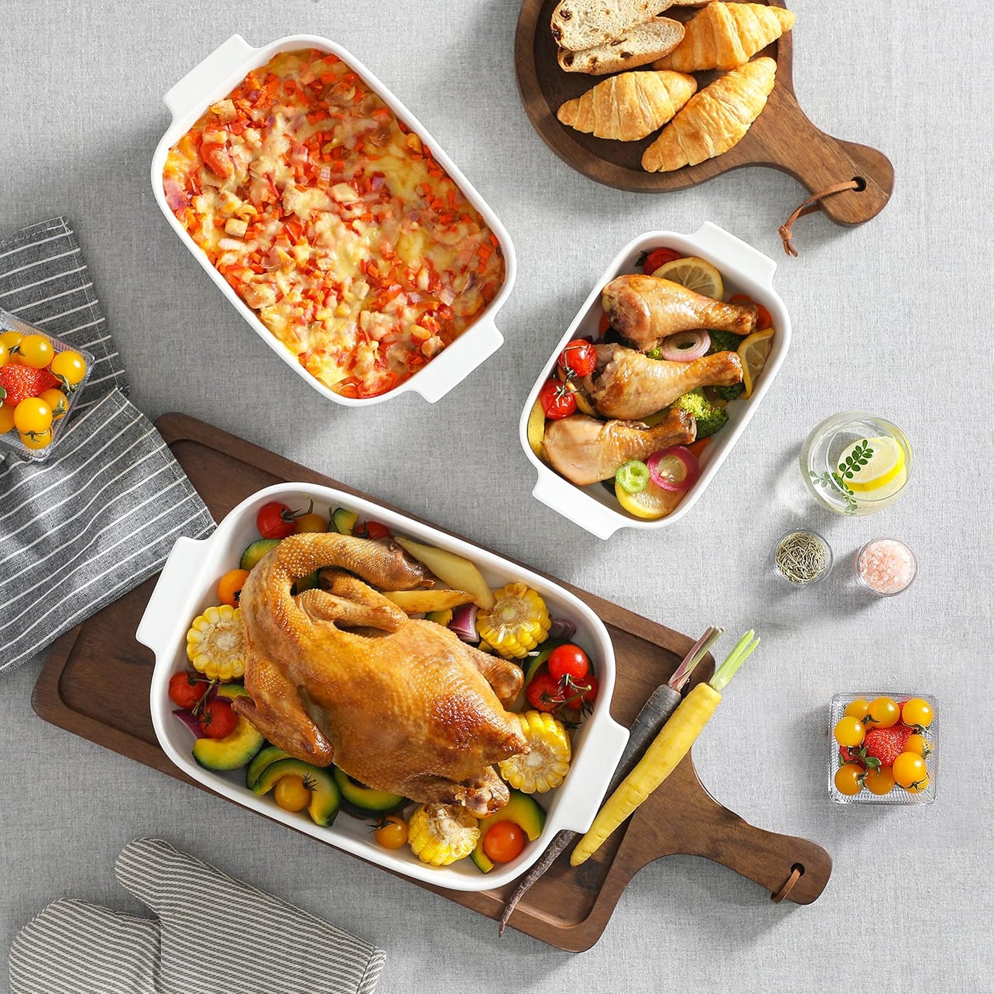 MALACASA Casserole Dishes for Oven, Ceramic Baking Dishes Set of 3, Rectangular Lasagna Pan Deep Baking Pans, Bakeware Sets with Handles Gift Set, White (13.8''/11.7''/9.4''), Series BAKE