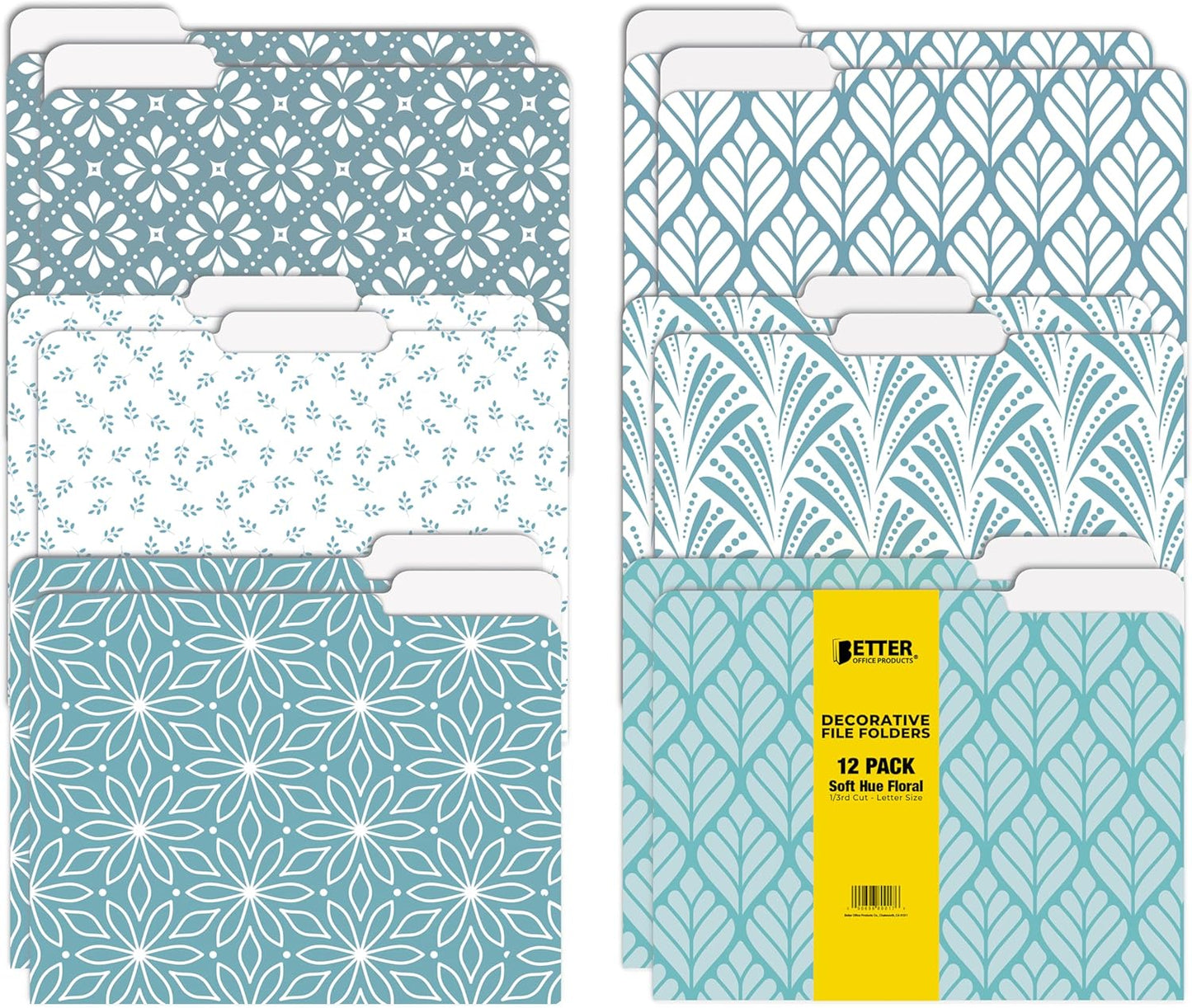 Better Office Products Decorative File Folders, 12 Pack, 6 Unique Designs, Heavyweight, Letter Size (9.5 x 11.5) with 1/3 Cut Tab, Soft Hue Floral Designs, Fashion Folders