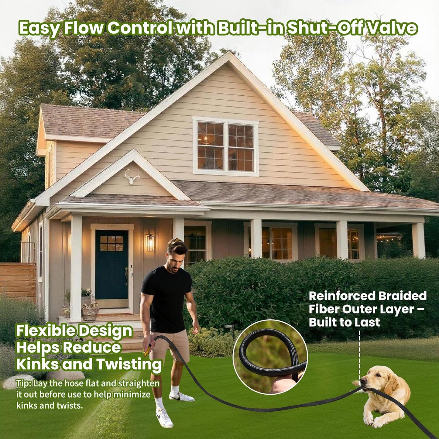 100ft Garden Hose – Lightweight & Flexible Water Hose, Leak-Proof Fabric & Non-Expandable with Shut-Off Valve for Yard, Outdoor Watering, Car Wash & RV