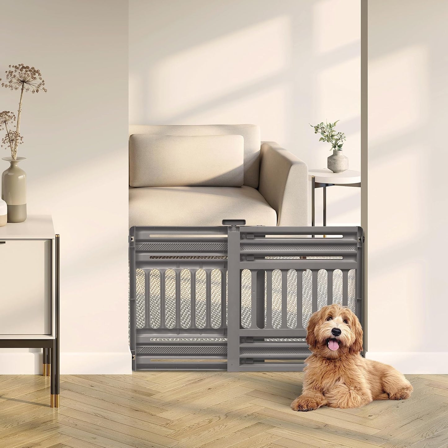 IRIS USA 24"-39" Dog Gate, Adjustable Indoor Pet Barrier, Pet Gate for Puppy, Small Dog, Cat, Easy Twist-to-Lock for Doorways & Stairs, Portable, Expandable, 25" Tall, Gray