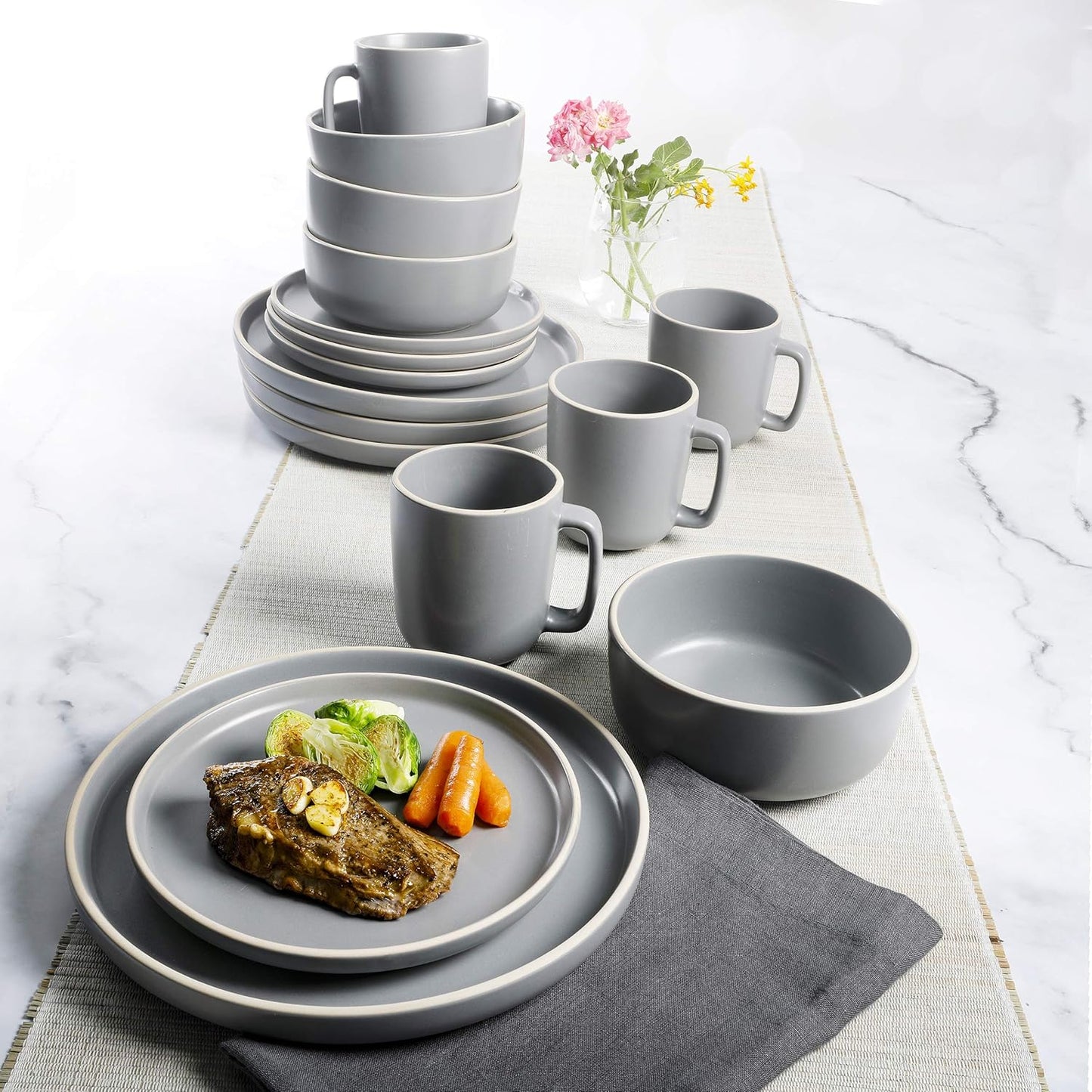 Gibson Home Zuma 16 Piece Round Kitchen Dinnerware Set, Dishes, Plates, Bowls, Mugs, Service for 4, Matte Stoneware, Grey, Gray