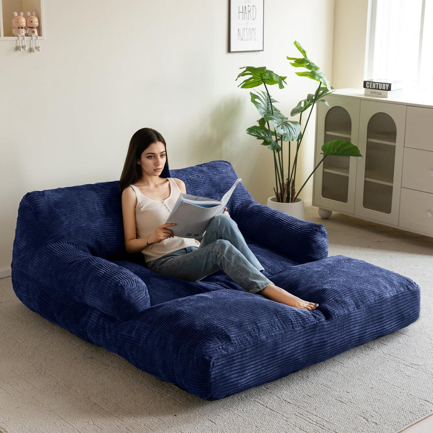 HIGOGOGO Giant Human Dog Sofa Bed, Extended Large Comfy Floor Couch for Pet Families, Corded Fabric Orthopedic Dog Bed for Human with Supportive Foam & Anti-Slip Bottom, XXXL Size, Blue