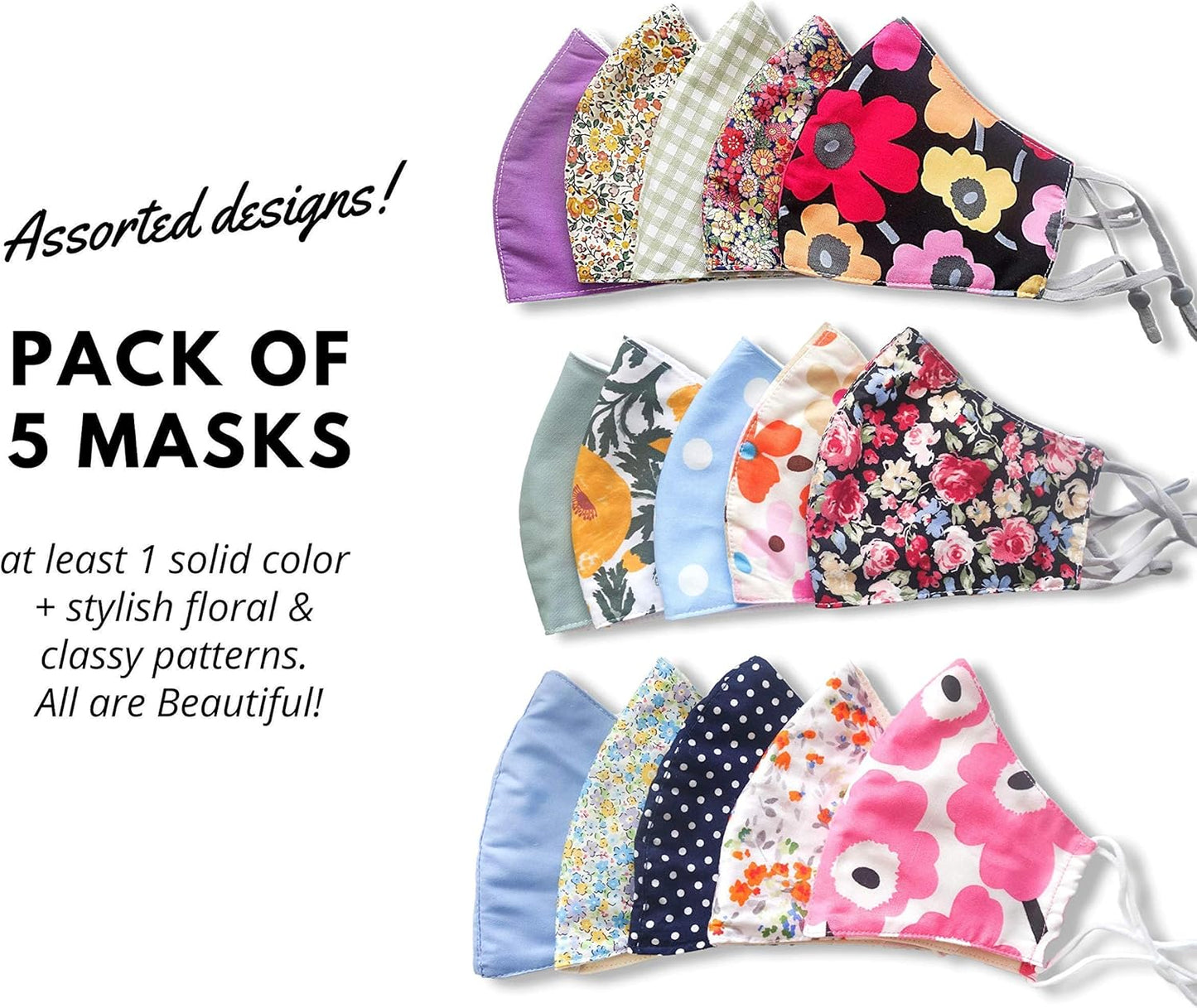 HOPE LOVE SHINE Face Mask Adjustable Filter Pocket Reusable Breathable Washable Cloth Mask Face Masks for Women Men - 5 Pack