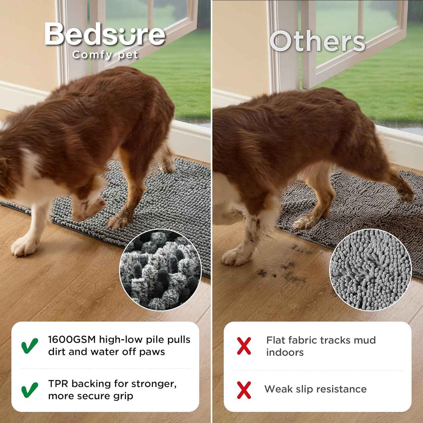 Bedsure Dog Door Mat for Muddy Paws, High-Low Absorbent Chenille Indoor Entrance Mud Dirt Trapper Soak-Stopper, Machine Washable Non-Slip Entryway Rug for Pets, 30"x19" Grey