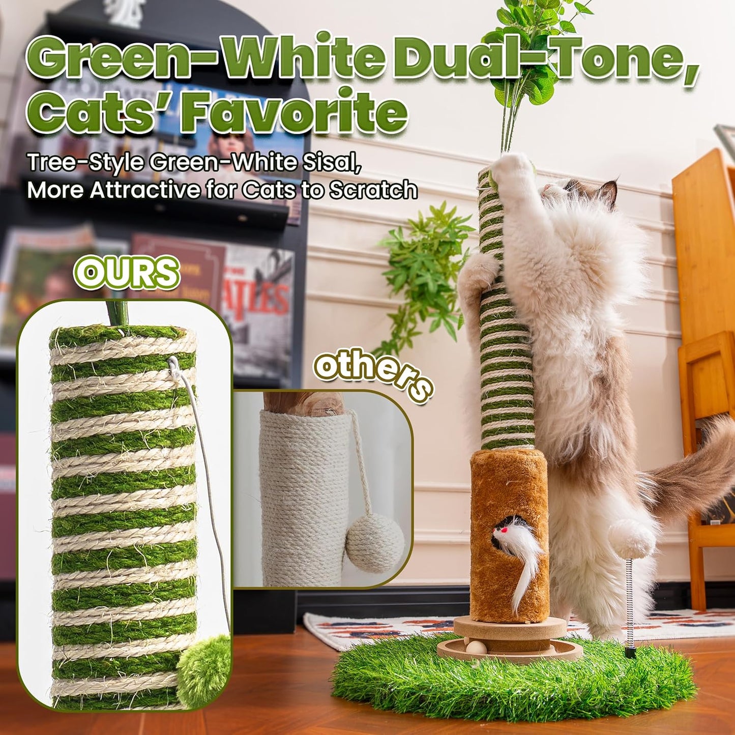 Cat Scratching Post 39'' Tall with Interactive Ball & Mouse Hole for Indoor Adult Cats, Sisal Rope Cat Tree Tower, Kitty Scratcher Furniture with Artificial Grass Tree for Kittens Cat Toys