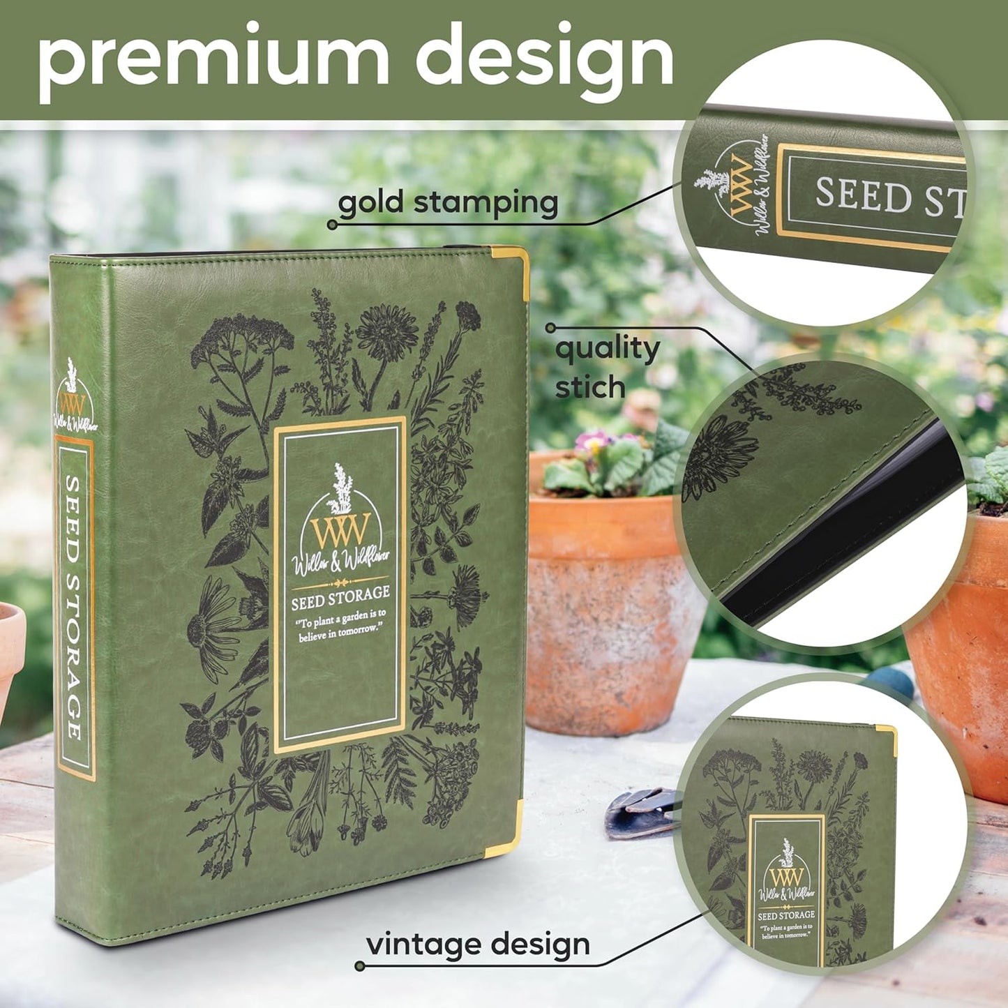 Willow and Wildflower Garden Seed Organizer Binder, Seed Storage Organizer, Garden Binder Book for Packet Storage Catalog Can Store 120 Packets with Dibber and Widger (Moss Green)