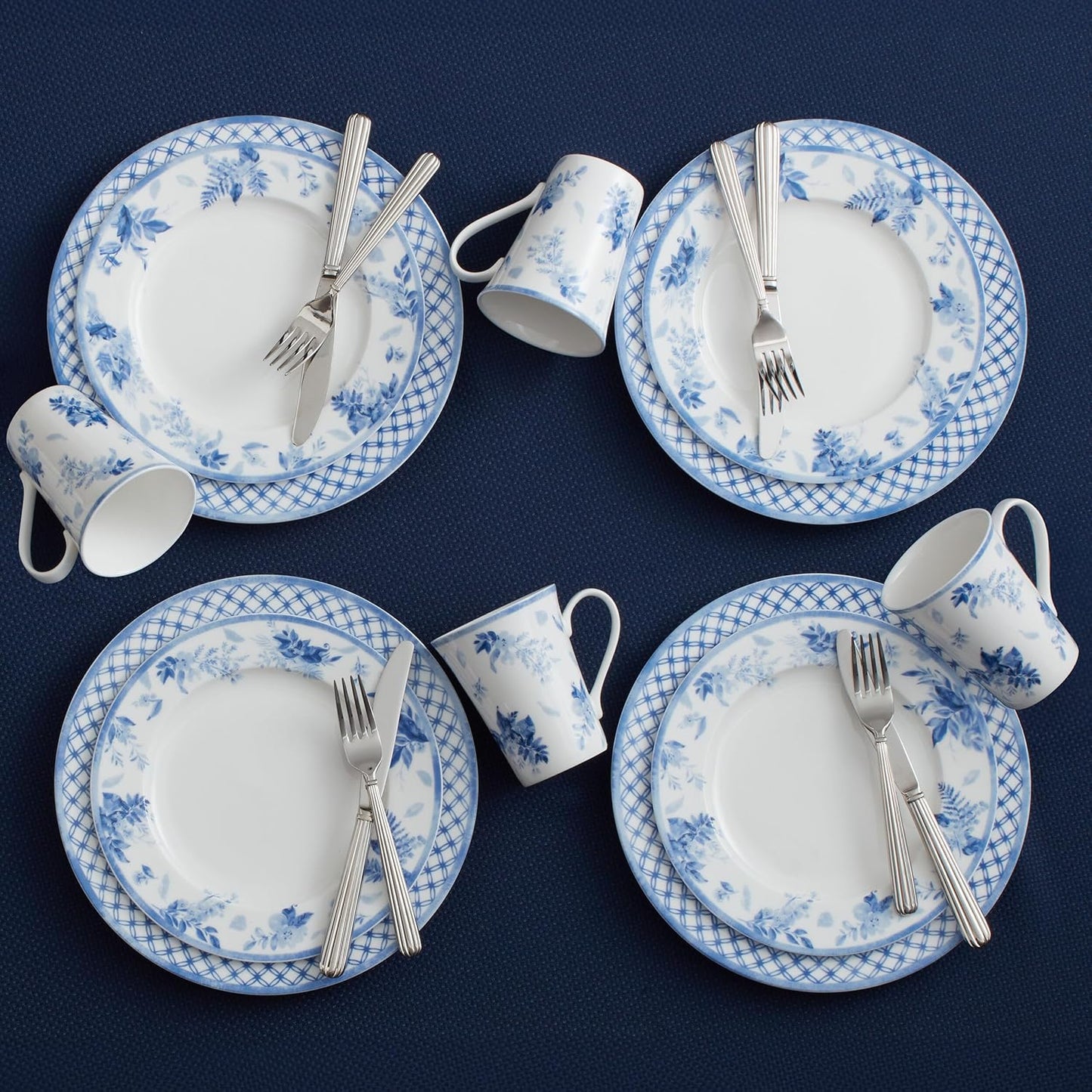 Mikasa Kiley Bone China Lightweight Chip Resistant 16 Piece Dinnerware Set, Service for 4,Blue and White