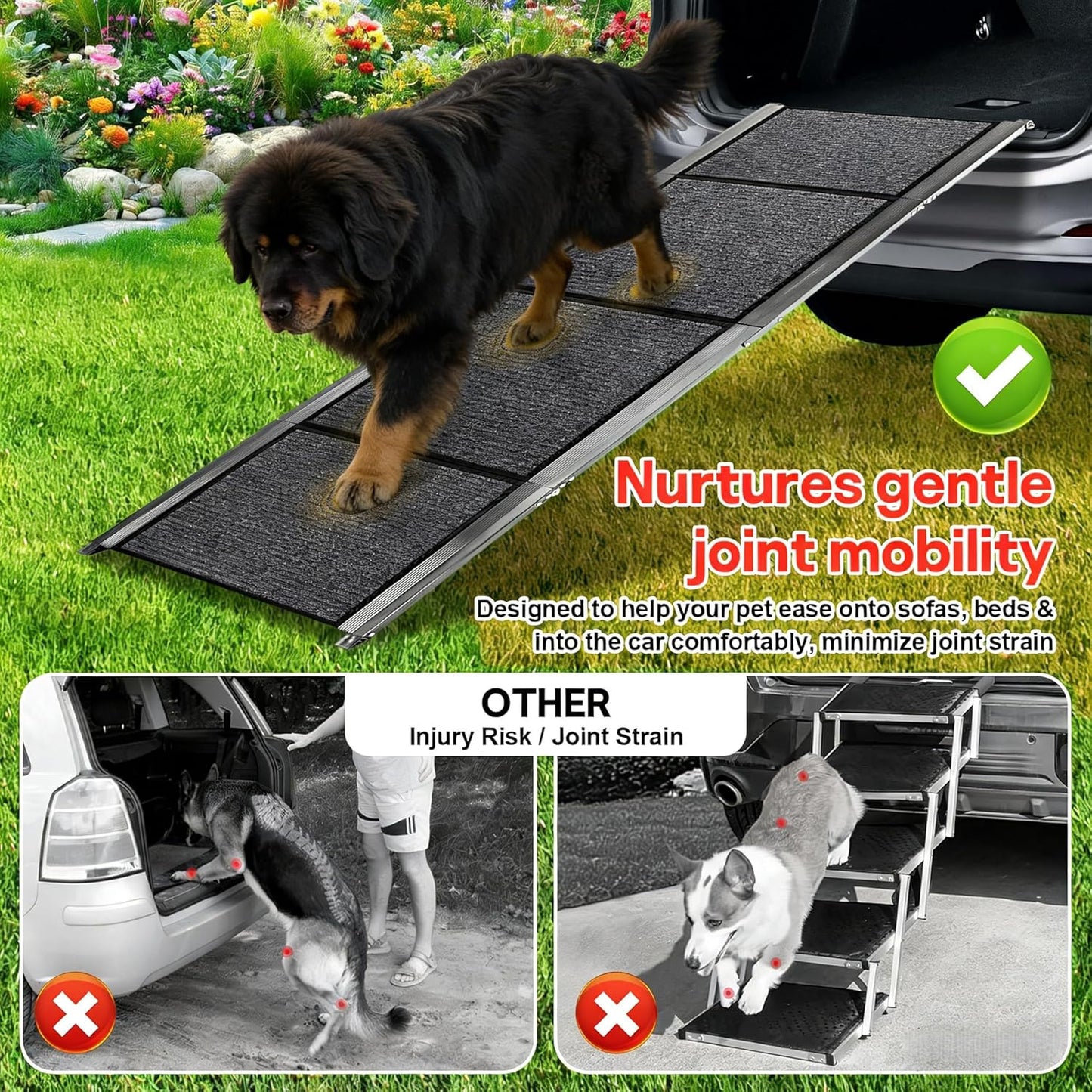 Dog Ramp for Large Pets, 71'' * 17'' Felt Surface Pet Car Ramp & Stairs, Non-Slip Design Protects Joints, Portable 300 Lbs Capacity for SUV, Truck, High Profile Vehicles