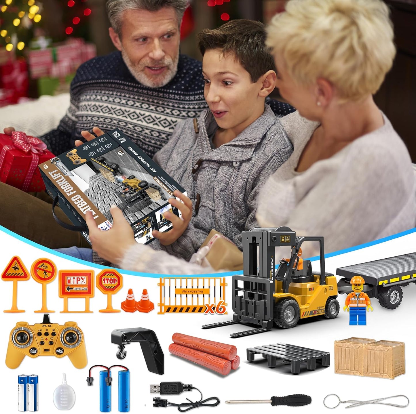 RC Forklift Toy with Trailer, 3 in 1 Remote Control forklift with Transform Lift Fork & Hook, 11 Channel RC Construction Toys with 2 Battery,Spray,Light, RC Forklift for Adults Kids Boys Gift