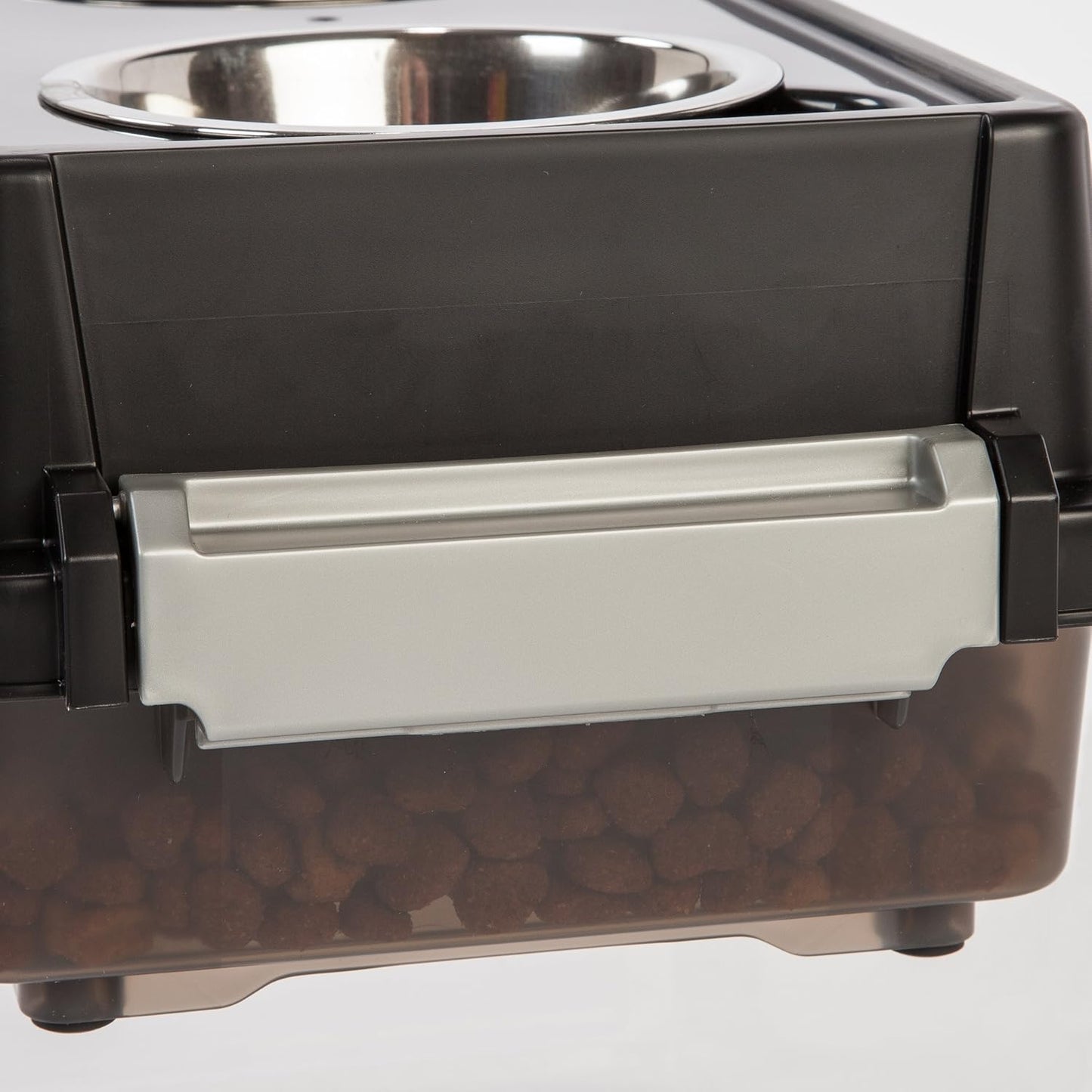 IRIS USA 2-in-1 Elevated Dog Bowls 6" H with Airtight Pet Food Storage Container Holds Up to 5 Lbs, Removable 4 Thick 16 oz Stainless Steel Bowls, at Home or Camping Pet Dish Bowl Set, Smoke/Black