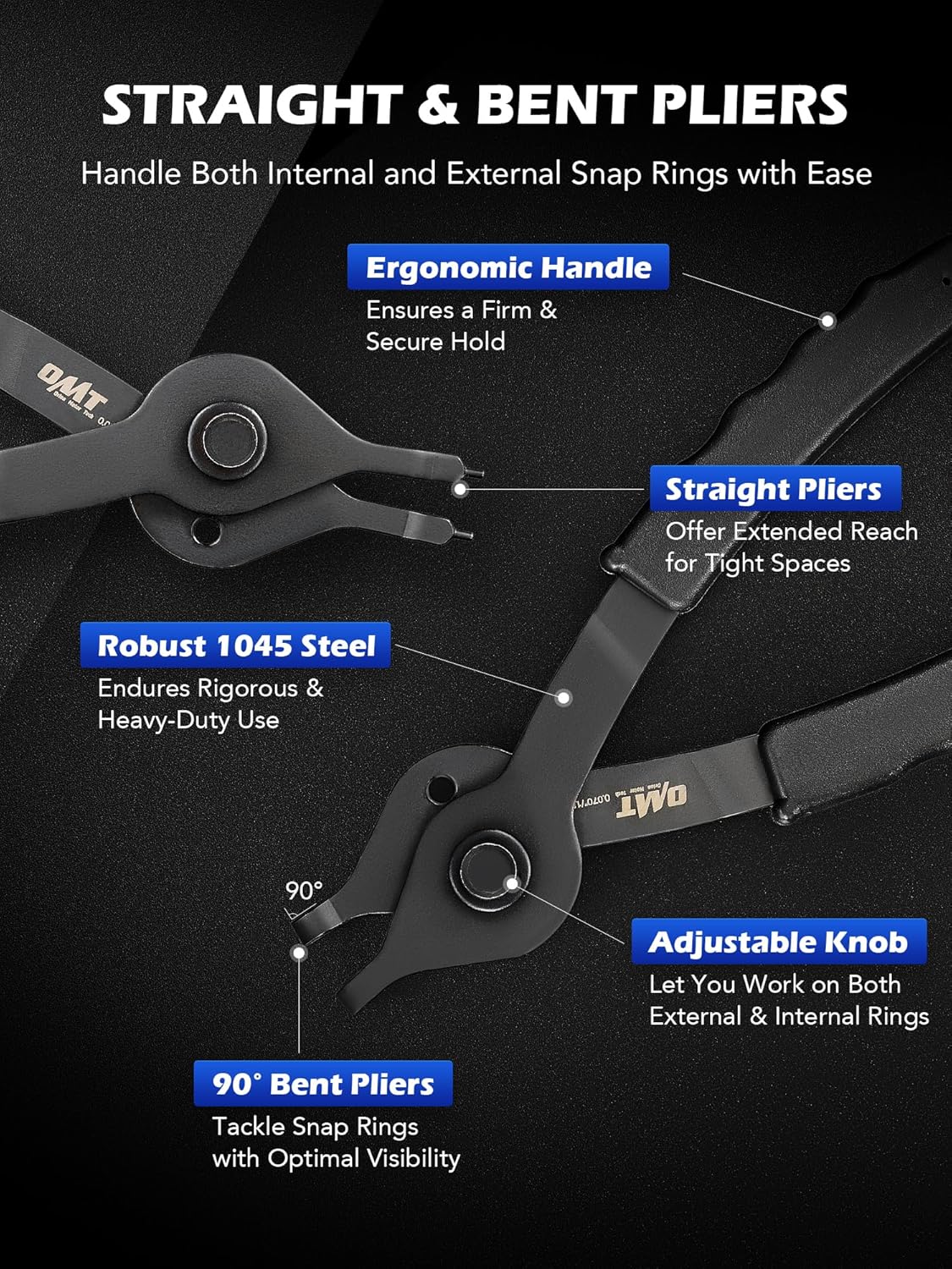 Orion Motor Tech 10pc Snap Ring Pliers Set, Internal & External Circlip Pliers With Bent & Straight Pliers, Hook Pick, Heavy Duty Snap Ring and Circlip Removal Tool with Storage Case & Gloves