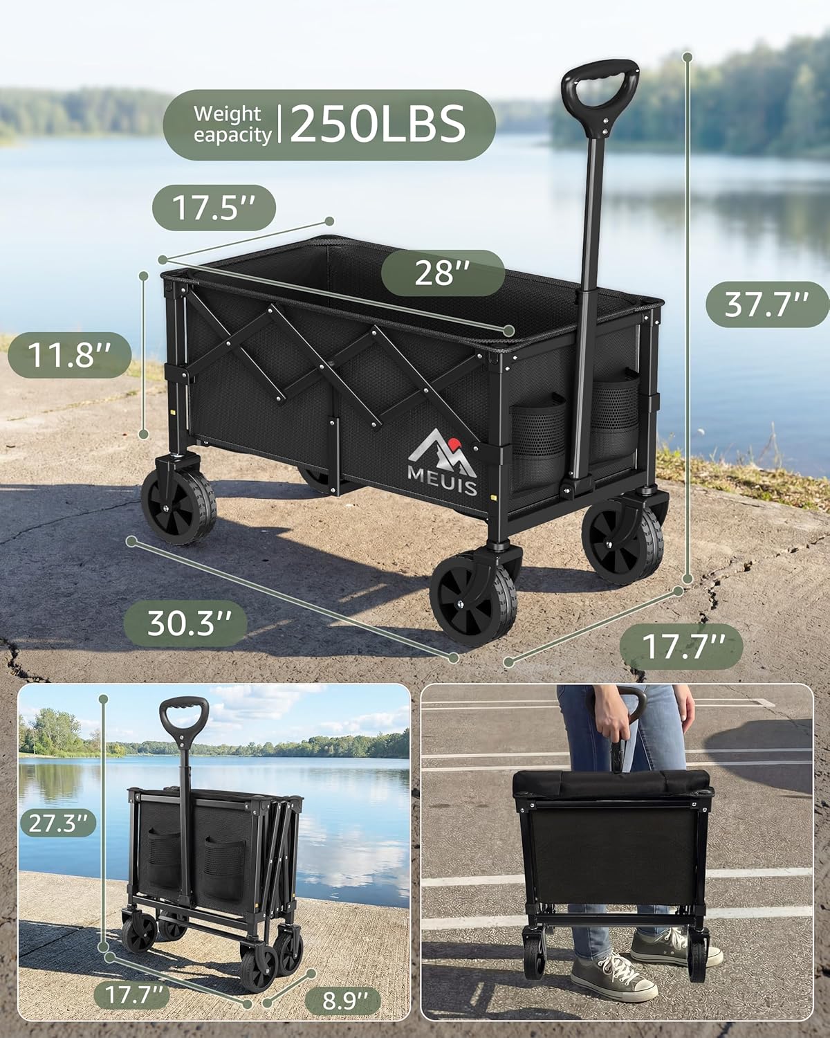 Collapsible Wagon Cart with Wheels - 250LBS Heavy Duty Folding Wagon for Groceries Shopping Outdoor Apartment Portable Foldable Utility Grocery Trolley, Black, L