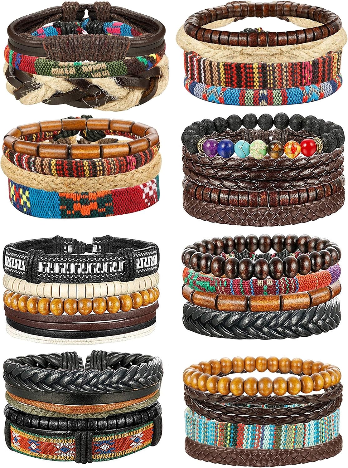 FIBO STEEL 31 Pcs Braided Leather Bracelets for Men Women Wooden Beads Cool Hemp Tribal Wristbands Cuff Punk Multilayered Bracelets