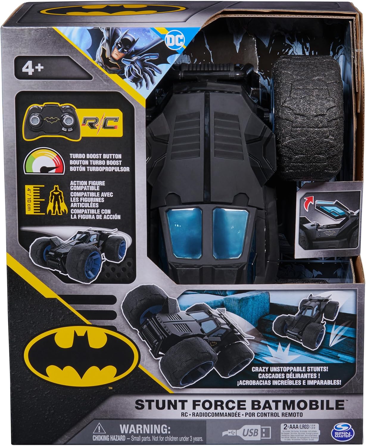 DC Comics, Batman Stunt Force Batmobile, Indoor Remote Control Car, Turbo Boost & Crazy Stunts, Collectible Super Hero Kids Toys for Boys and Girls 4 and Up