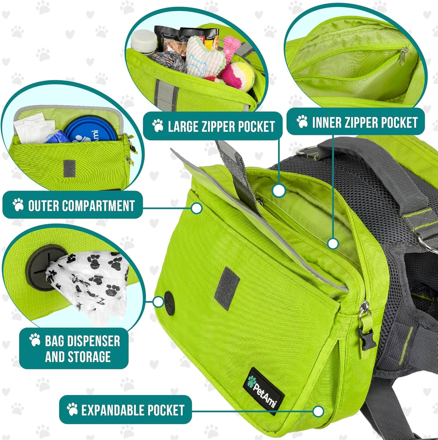 PetAmi Dog Backpack for Medium Large Dogs, Dog Saddle Bag for Dogs to Wear, Harness Saddlebag with Reflective Safety Side Pockets for Hiking, Camping, Vest Dog Pack for Travel (Green, Medium)