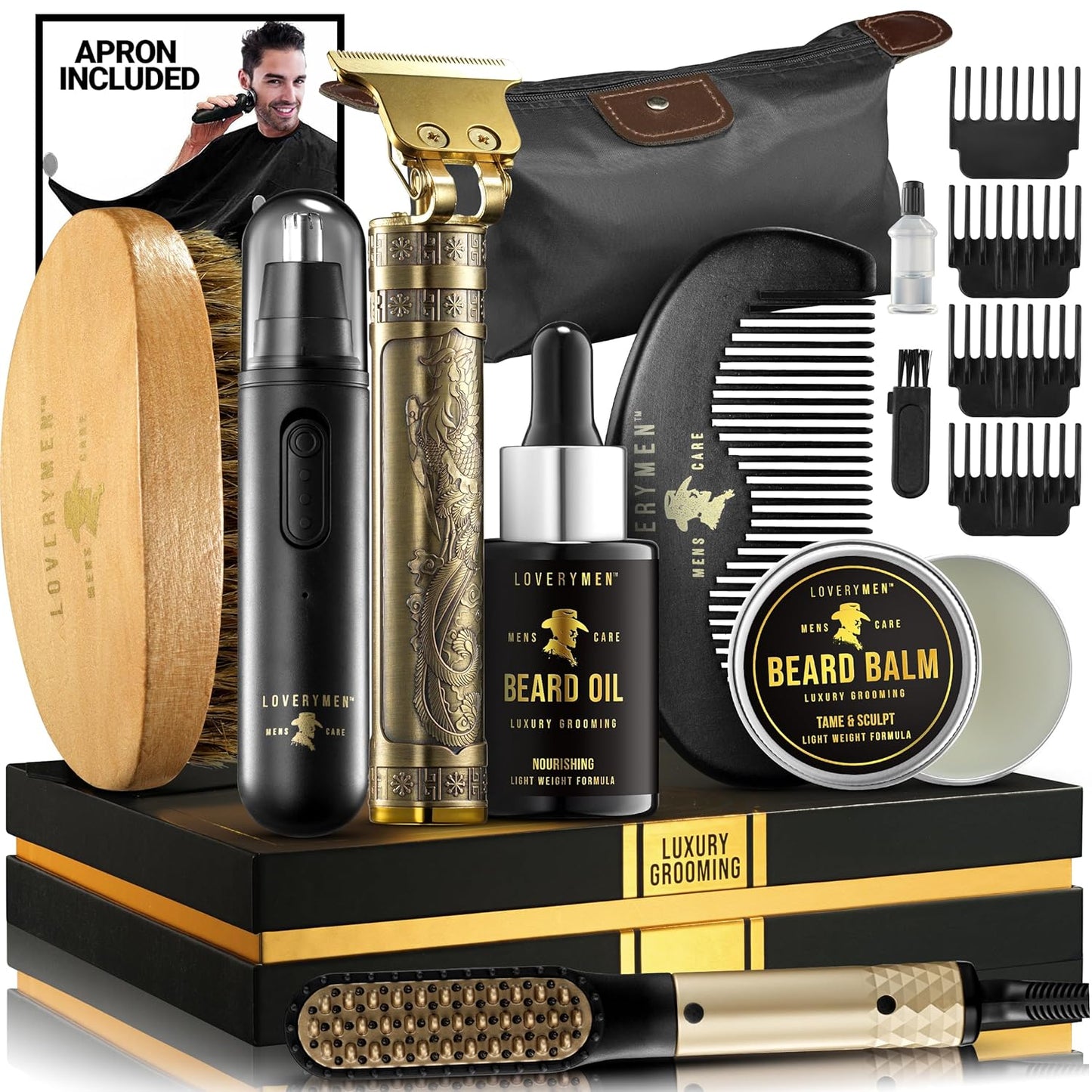 Gifts for Men Who Have Everything, Birthday Gifts for Him, Grooming Beard Kit, Beard Trimmer, Nose Hair Trimmer, Hair Straightener Brush, Oil, Balm & More, 15pc Men Care Kit, Dad Gifts