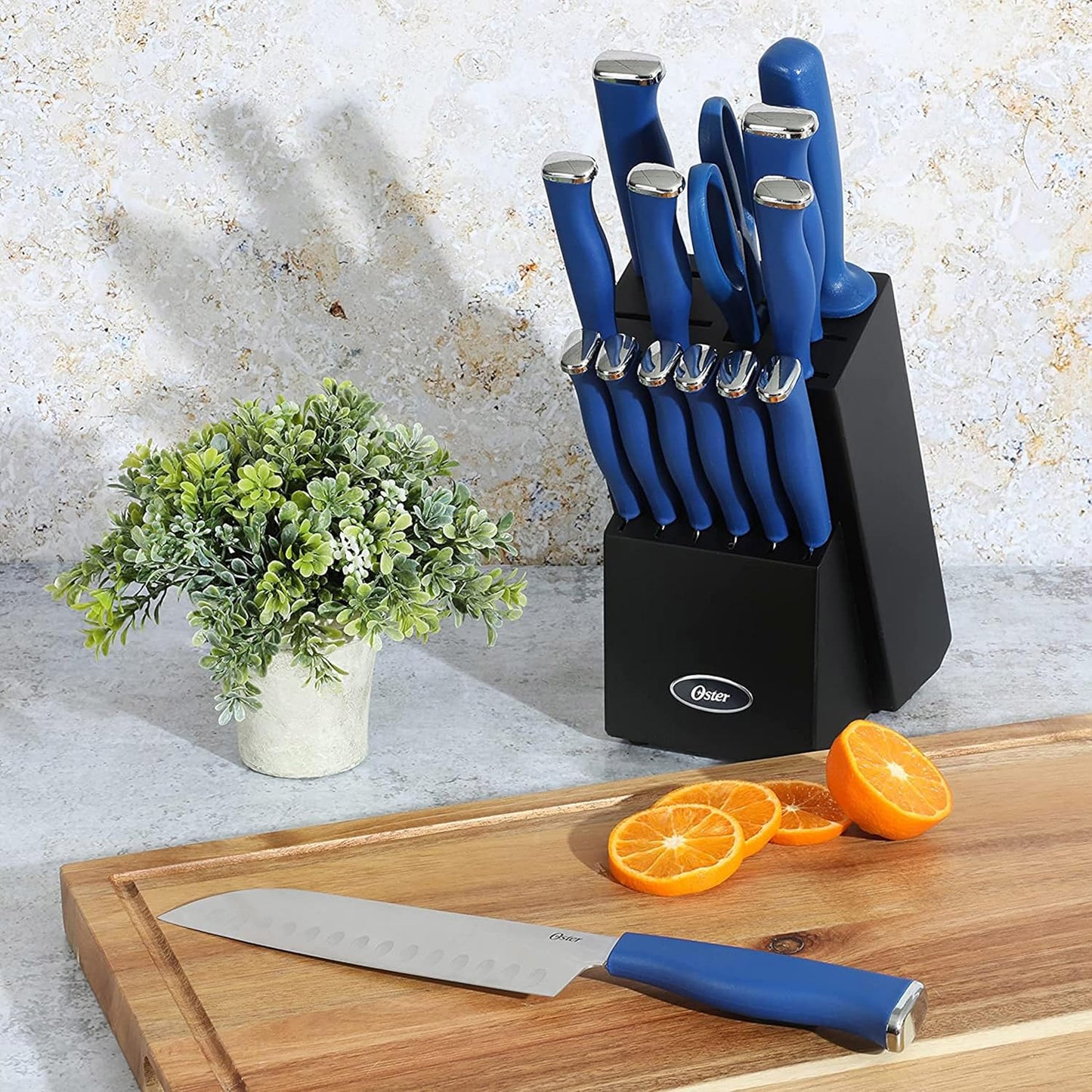 Oster Langmore 15-Piece Stainless Steel Cutlery Knife Block Set with Classic Blue Handles – Full Kitchen Knife Set in Black Storage Box