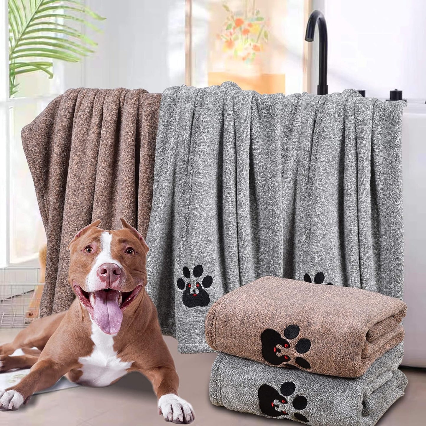 Dog Towel - Pack of 2 - Super Absorbent Soft Microfiber Pet Bath Grooming Towels for Drying Dogs and Other Pets (M-36" * 28", Grey and Brown)