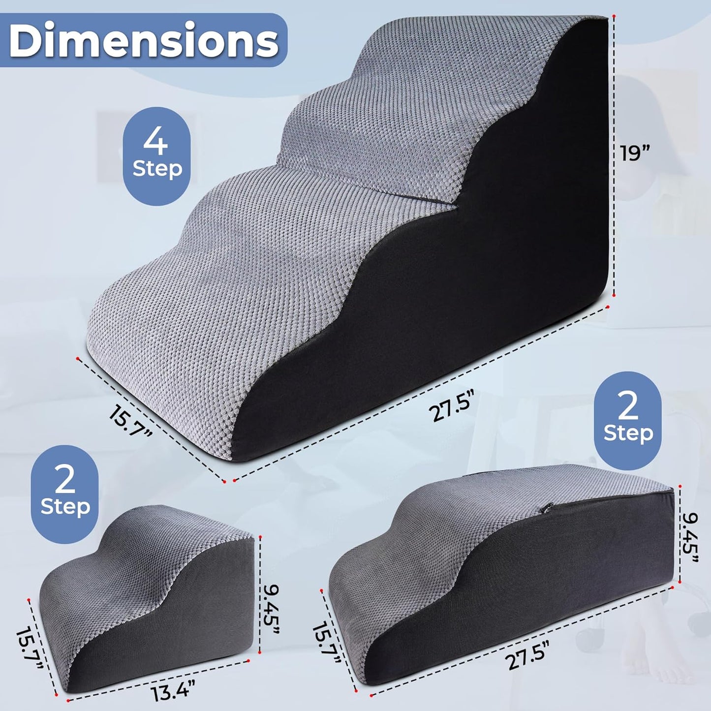 4 Steps Pet Stairs for Small Dogs, 19” High Curved Dog Stairs for Bed with Non-Slip Base, High-Density Foam, and Removable Washable Cover