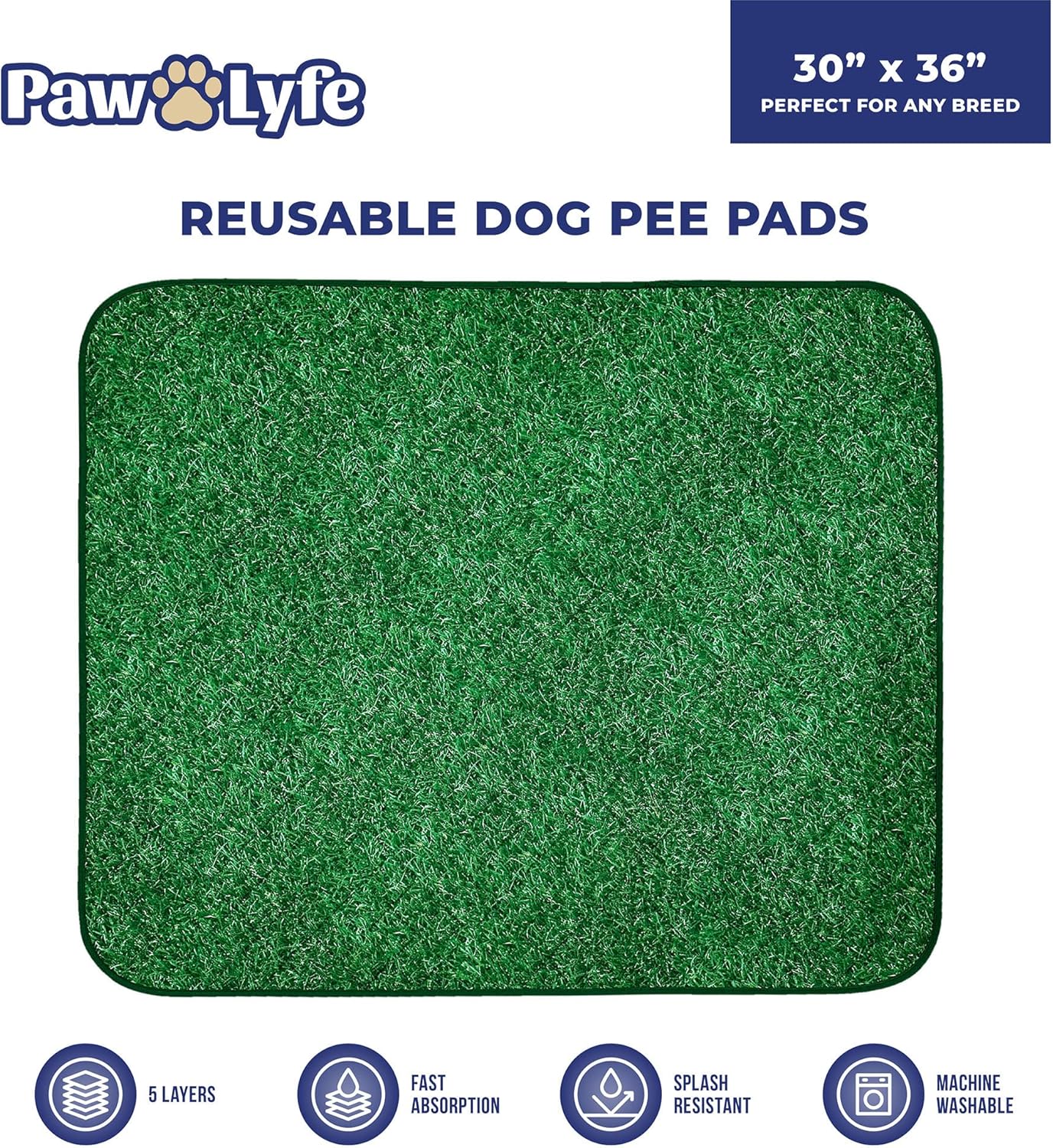 PawLyfe Reusable Pee Pads for Dogs - 2 Pack, 30" x 36" Washable Puppy Pads with Grass Print - Waterproof Dog Training Pee Mats - Non-Slip - Large Pet Pads for Indoors - Quilted Whelping Pads for Home