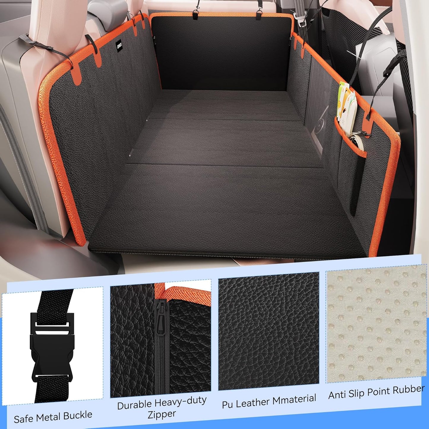 Back Seat Extender for Dogs, PU Leather Hard Bottom Dog Car Seat Cover for Back Seat,Dog Hammock for Car, PU Leather Material, Larger Space, Holds 400lbs