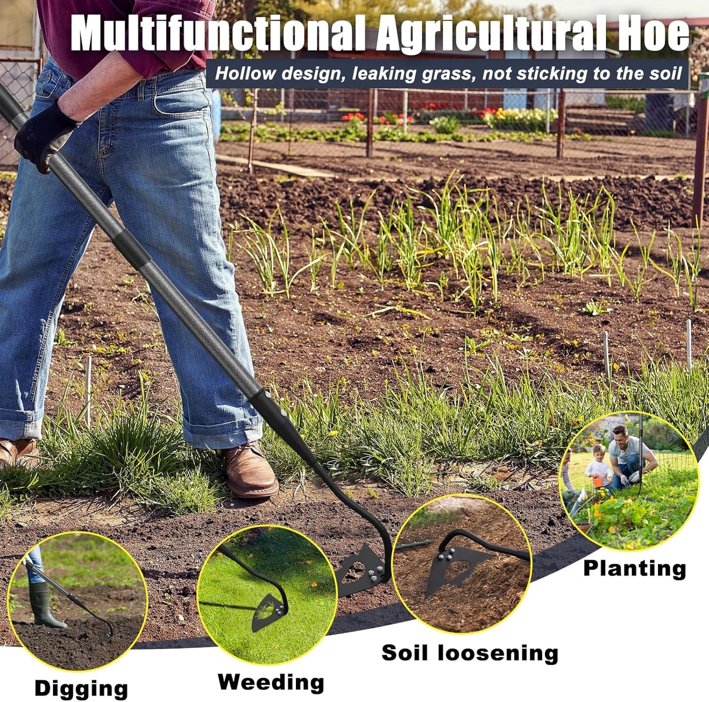 Hoe Garden Tool, Hollow Hoe with 55-85 Inch Long Handle, Adjustable Manual Weeder Heavy Duty Garden Hoe for Weeding, Digging, Hoeing, Cutting and Loosing Soil