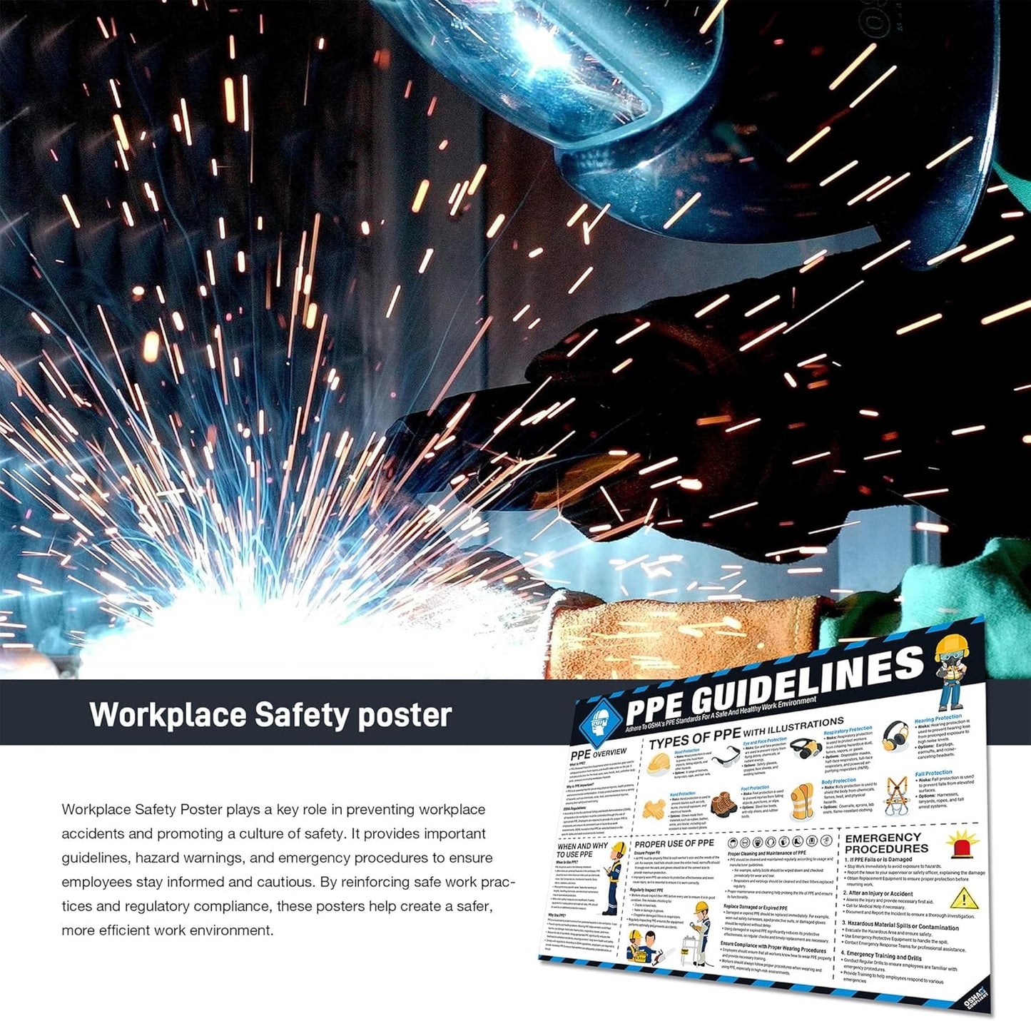 PPE Safety Poster 18"x24", OSHA Compliant Personal Protective Equipment (PPE) Guide for Workplace & Construction, Protective Gear Usage, Eye, Ear & Respiratory Safety Sign Tear-Resistant
