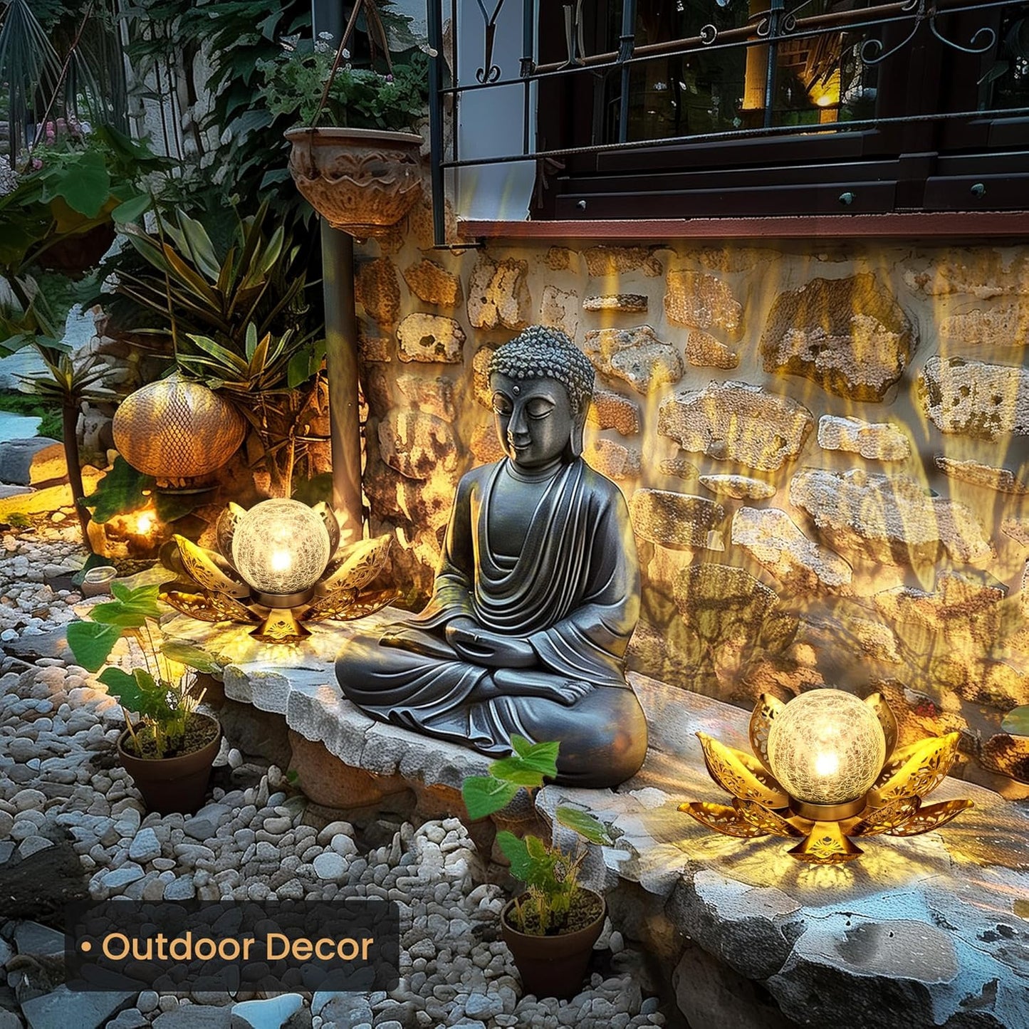 GIGALUMI Solar Lights Outdoor Garden Decor, Adjustable Metal Petal Lotus Flower Lights Crackle Globe Glass Lantern Outdoor Table Decor Waterproof for Patio, Lawn, Pathway, Pond, Christmas Gift