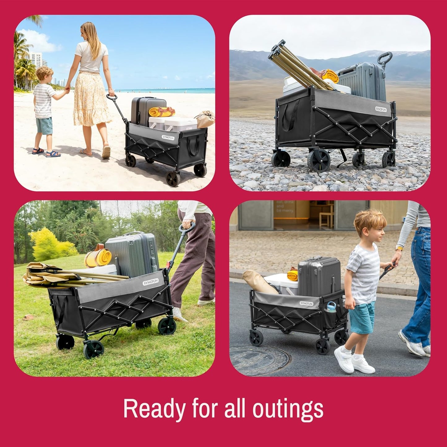 SYNCFUN Collapsible Wagon Cart Foldable 300lbs, Portable Rolling Shopping Carts with Wheels, All Terrain Folding Sport Beach Wagons, Heavy Duty Garden Utility Cart for Groceries Fishing, Black