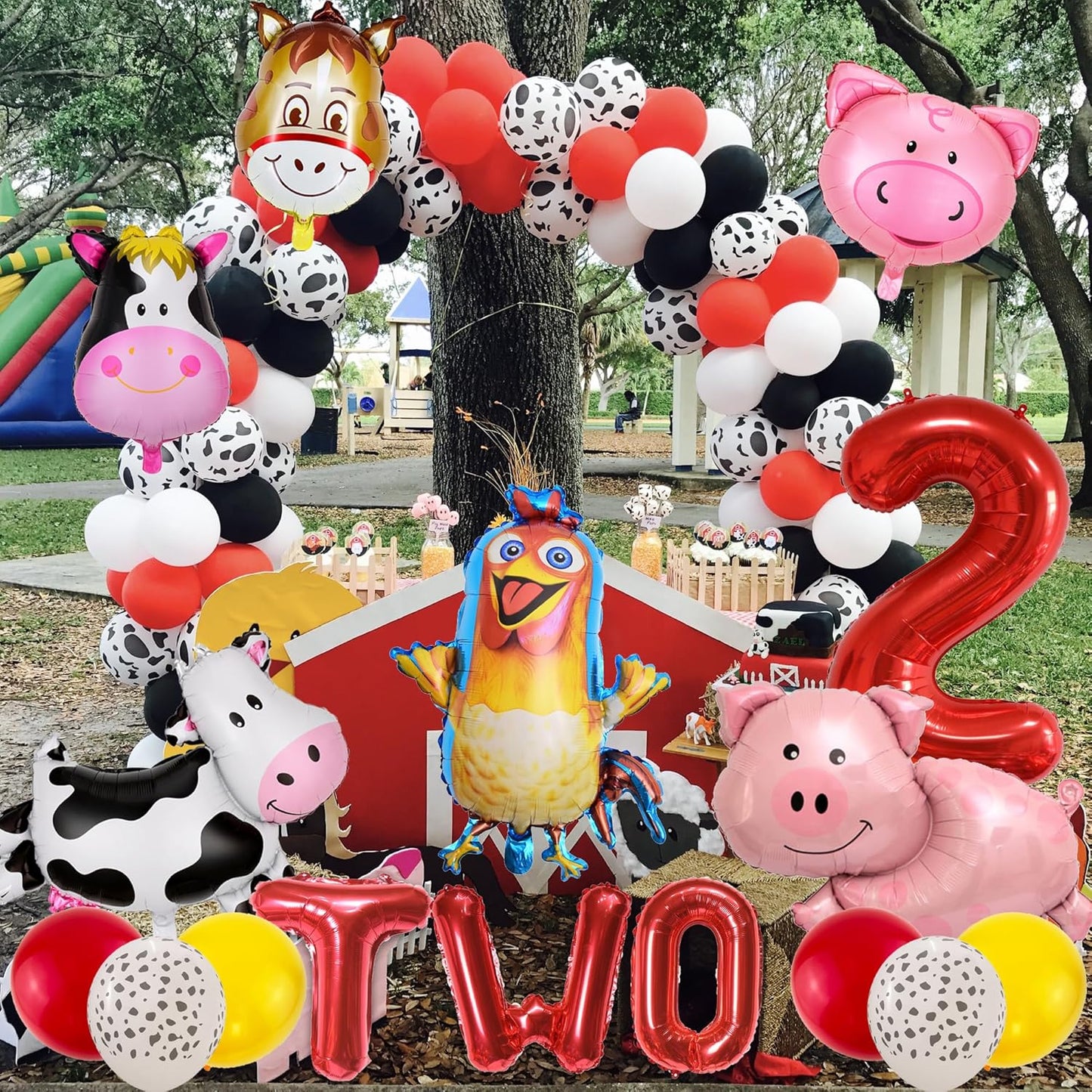 Farm Birthday Party Supplies 2 Year Old Farm Balloons Set Includes Round Farm Animal Letter Number 2 Foil Latex Balloons, Suitable for Farm Party