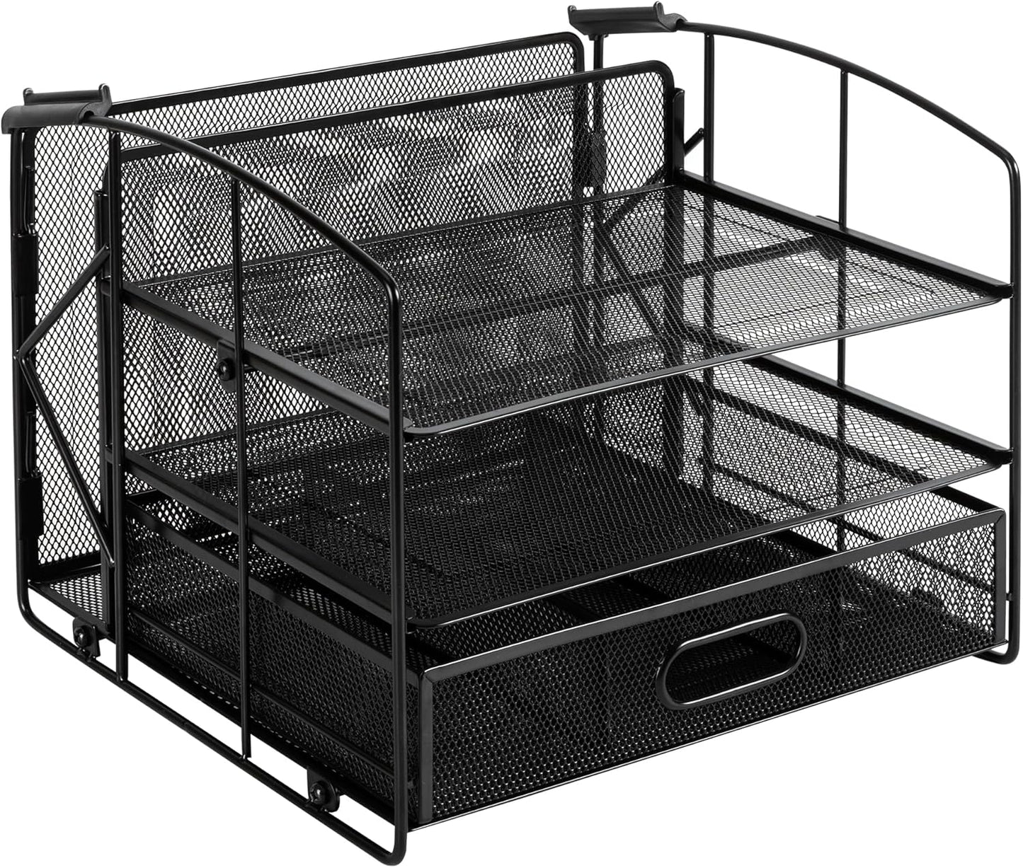 Amazon Basics Sturdy Rectangular Desktop Organizer with 3 Trays, Sliding Drawer and Hanging File Holder for Office Supplies, Black