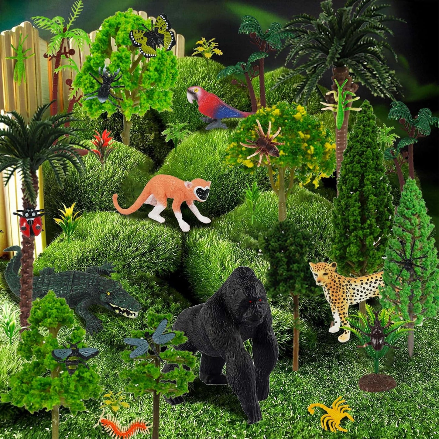 45 PCS Rainforest Animals Insect Figures Mixed Plastic Model Trees Forest for Rainforest Cake Topper Birthday Party Supplies Decorations