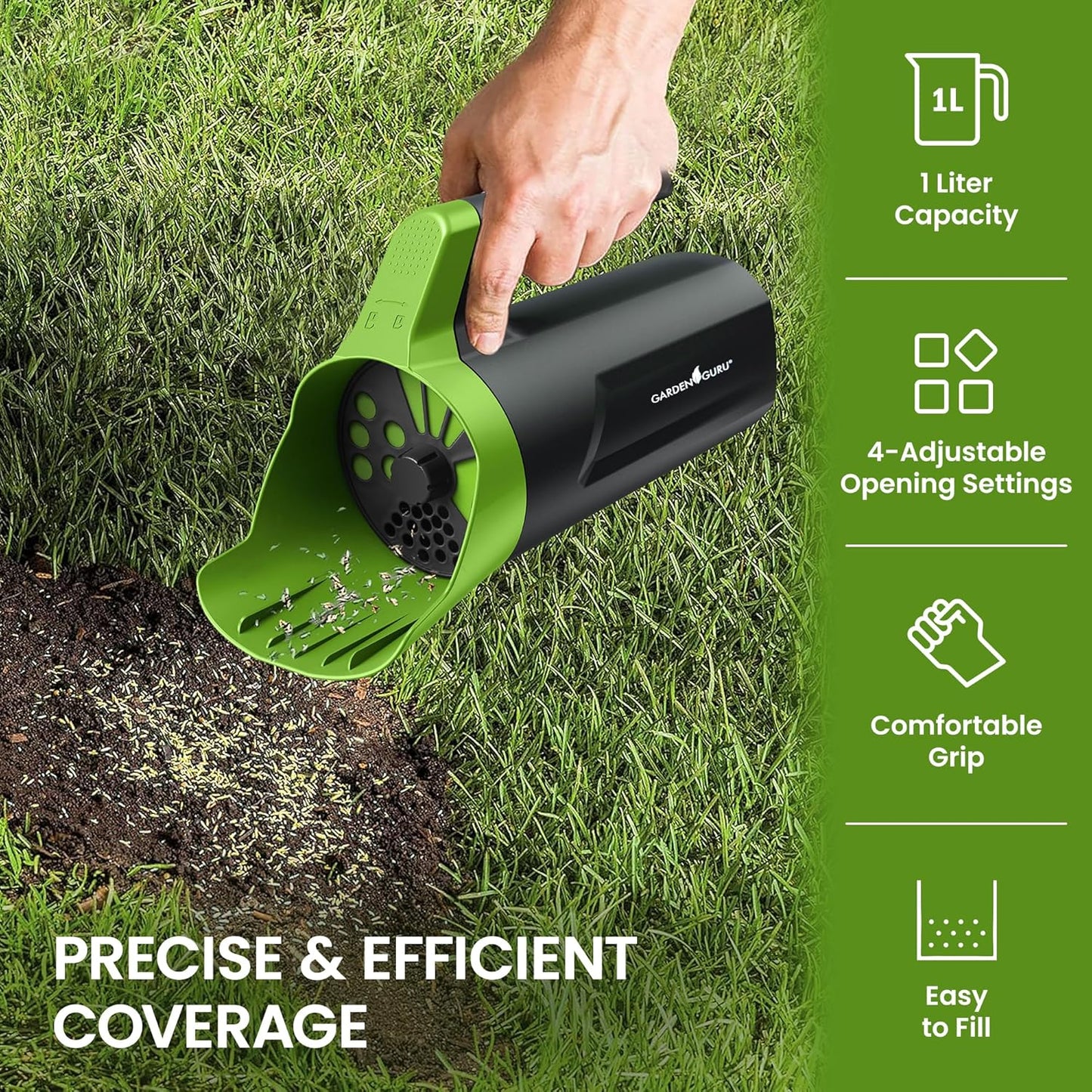 Garden Guru Handheld Seed Spreader Shaker – Multi Use Grass Seed, Fertilizer, Salt, Ice & Snow Melt Spreader – Adjustable Twist Cap w Multiple Size Openings – Lightweight 1L Capacity Hand Seeder