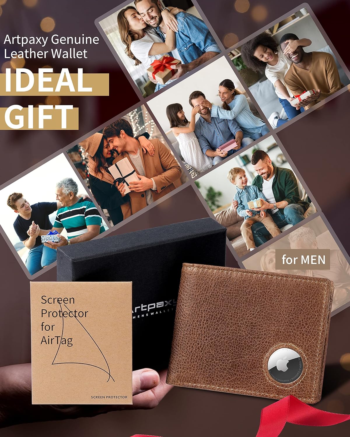 Mens Wallet With AirTag Holder, Bifold Leather RFID Blocking 1-2 ID Windows 12-13 Card Holders, Gift Box and Screen Protector Included, AirTag Not Included