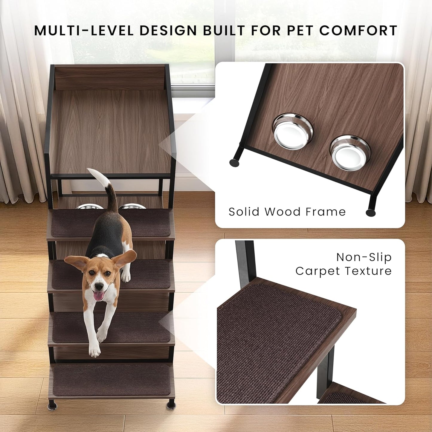 Dog Window Perch with Stairs - Multilevel Perch to Look Out Window with 130 lbs Load Capacity - Pet Bunk Bed with Feeding Station & Anti-Slip Carpet (Walnut Color)