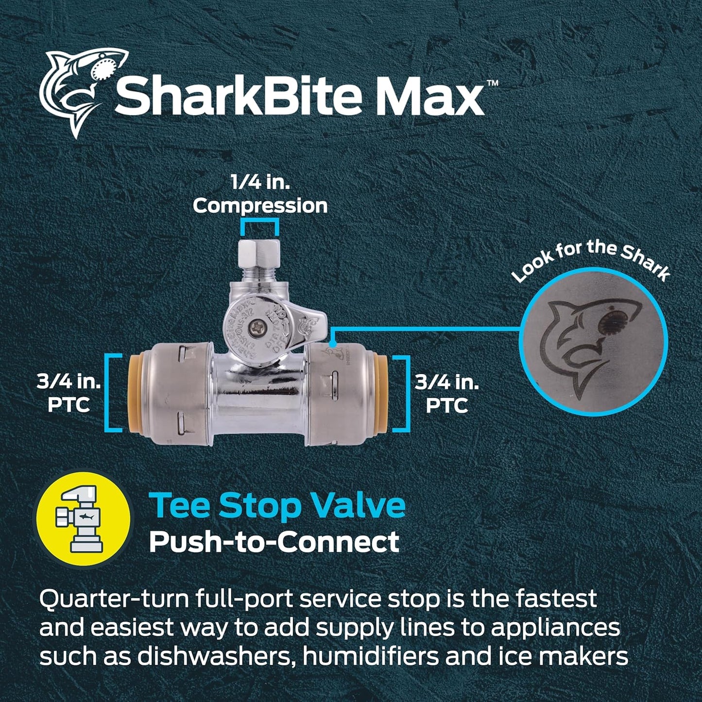 SharkBite Max Tee Stop Valve, 3/4 x 3/4 in Push-to-Connect x 1/4 in Compression, Brass Plumbing Fitting, Chrome Finish, UR24985A
