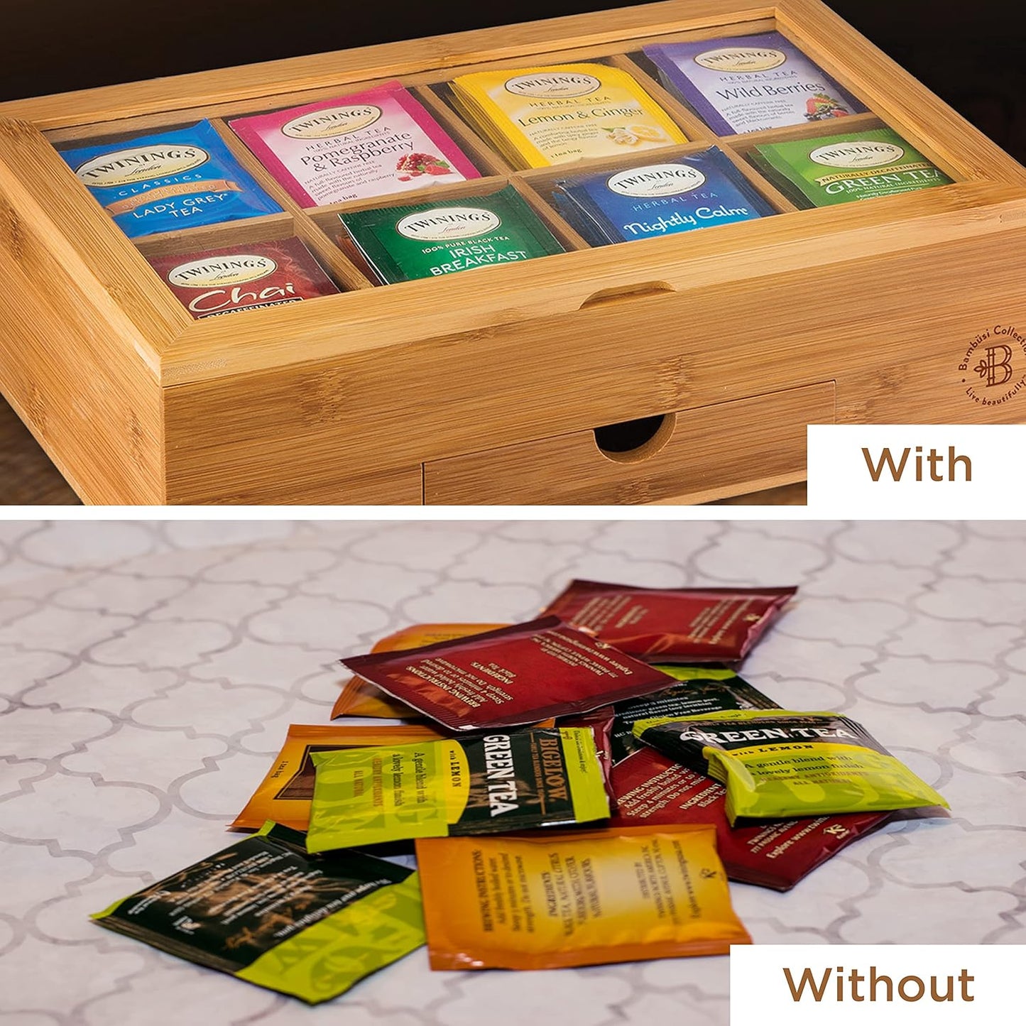Bambüsi Tea Box Organizer with Drawer - 8 Compartment Bamboo Wooden Tea Storage Chest with Acrylic Window & Magnetic Lid - Tea Accessories & Gift Set for Women, Birthdays, House Warming Gifts New Home