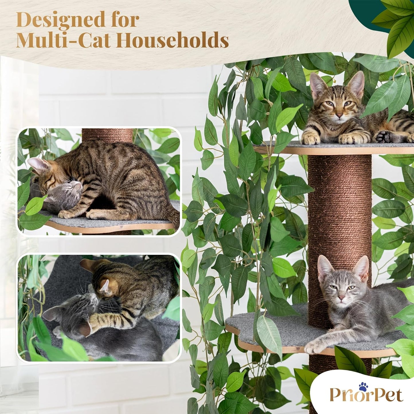 Cat Tree with Leaves – Stable & Space-Saving Design – 4 Scratch Levels & 5 Scratching Posts – for Climbing, Hiding and Sleeping – Easy to Assemble – Durable Cat Trees for Indoor Cats – Natural Look