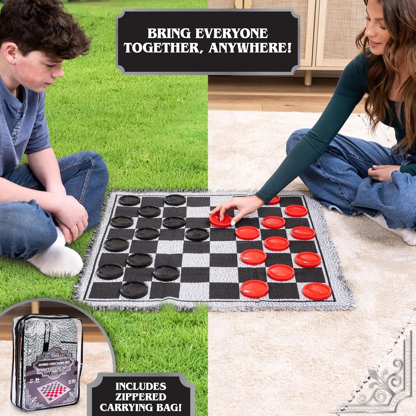 3-in-1 Vintage Giant Checkers Set, Tic Tac Toe with Reversible Mat, 24 Jumbo Chips, Family Board Game, Lawn Game, BBQ Party Favor, Indoor and Outdoor Activity for Kids and Adults