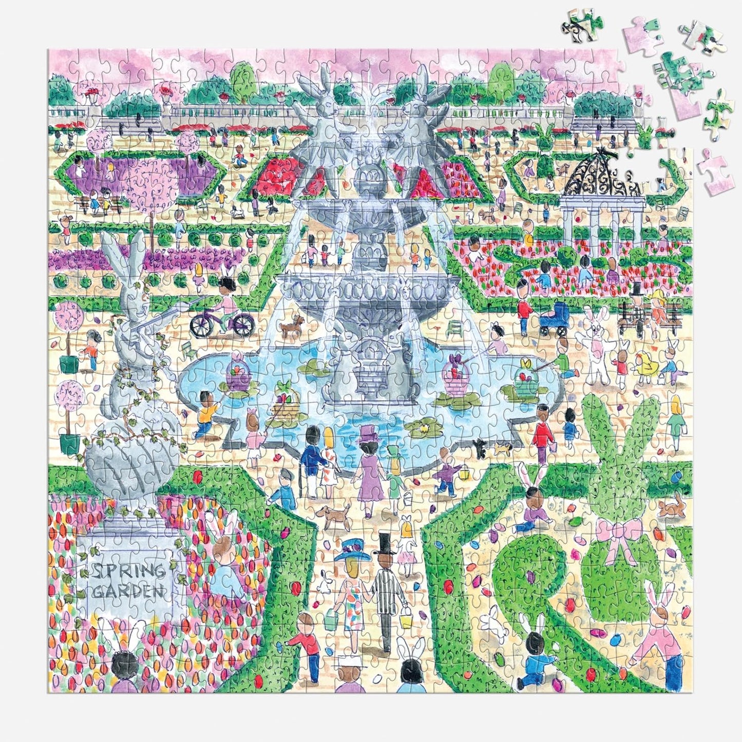 Galison Spring Egg Hunt – 500 Piece Michael Storrings Jigsaw Puzzle Featuring Beautiful Artwork of an Easter Spring Garden Egg Hunt