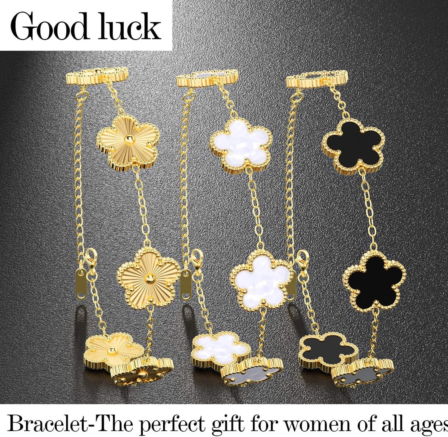 AICase 18K Gold Plated Clover Bracelet Dupes Gold/White/Black Bracelet Set for Women Flower Leaf Lucky Clover Bracelets Trendy Jewelry Birthday Gifts for Women/Mon/Friends