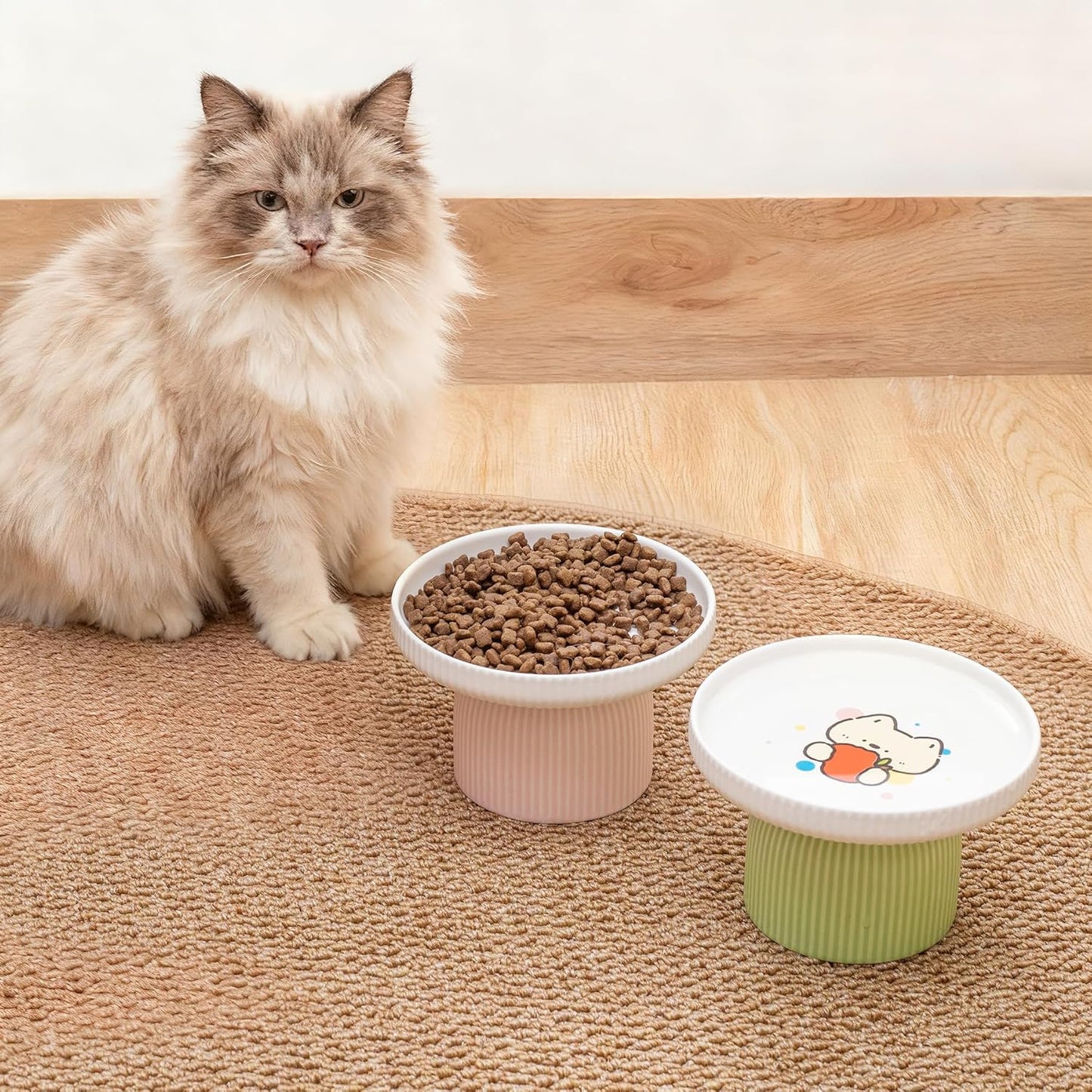 Raised Ceramic Cat Bowl with Tall Stand – Extra Wide Shallow Cat Food Dish for Whisker Fatigue Relief & Anti-Vomiting, Safer Than Plastic, Heavier Than Metal, Lead-Free Dishwasher Safe