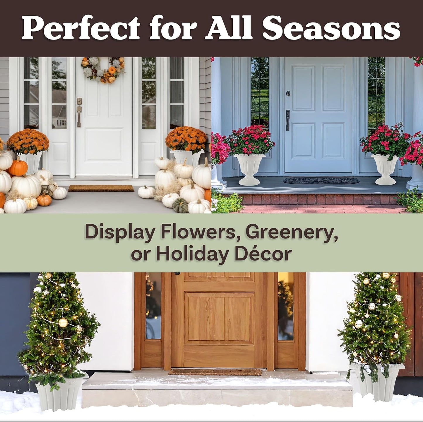 Outdoor Planter 2-Pack - 16x18-Inch Urn Planters - Plastic Plant Pots for Indoor, Outdoor, or Front Porch Decor - Flower Pots by Pure Garden (White)