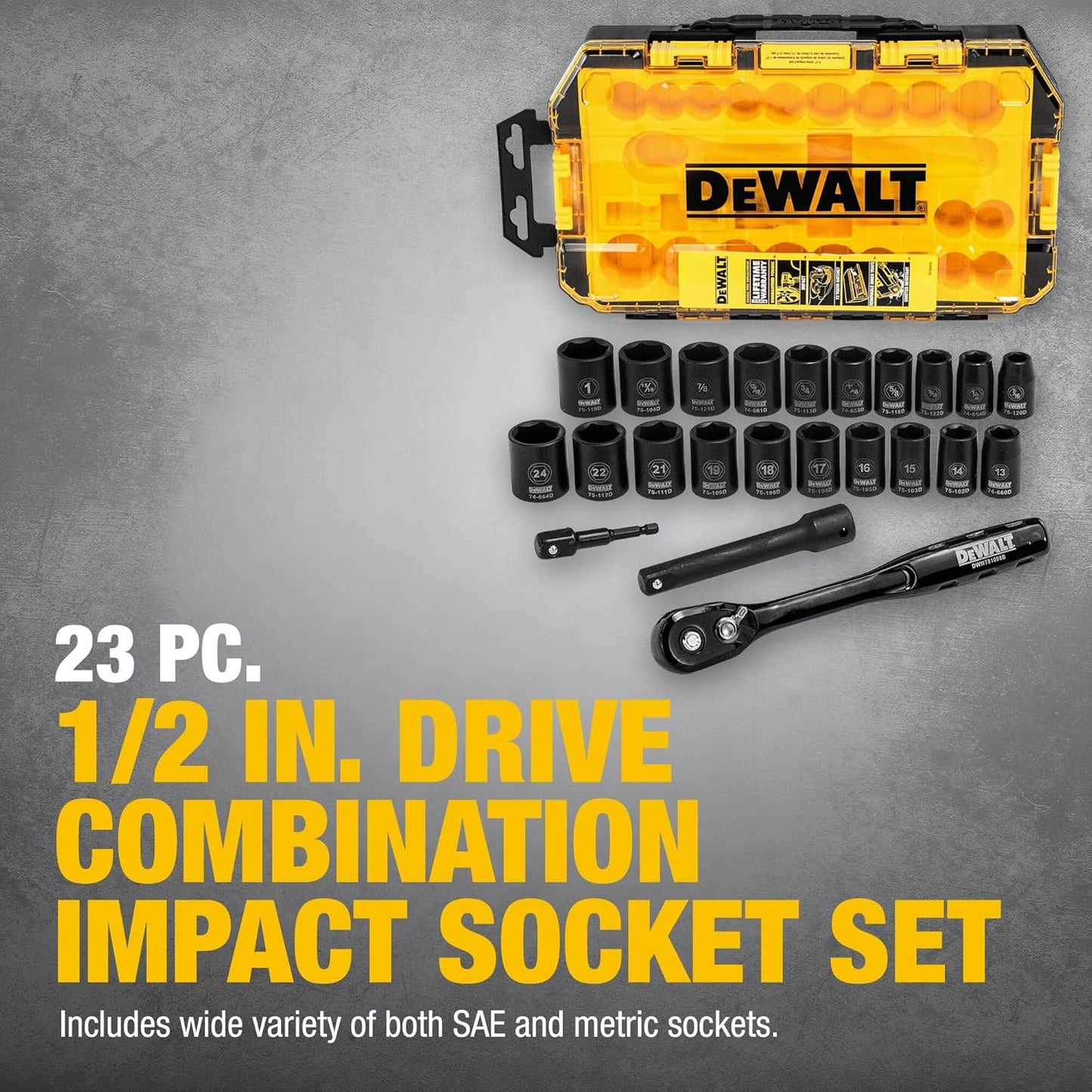 DEWALT Impact Socket Set with Ratchet, Metric/SAE, 1/2" Drive, 23-Piece Set with Case (DWMT74739)