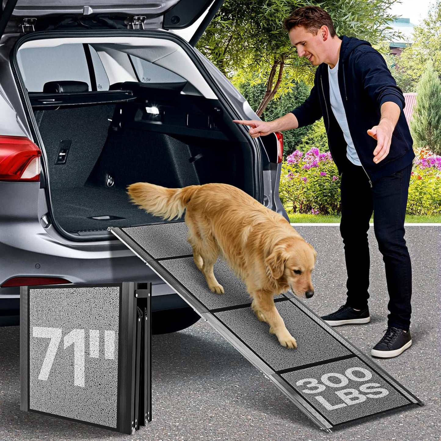 HEALLILY Dog ramp for Car, 71''x 20'' Dog Ramps for Large Dogs, Folding Outdoor Dog Ramps for Stairs, Up to 300LBS, Non-Slip Rug Surface, 5s installation, Dogs Car Steps for Large Dogs Suv, Truck, LKW