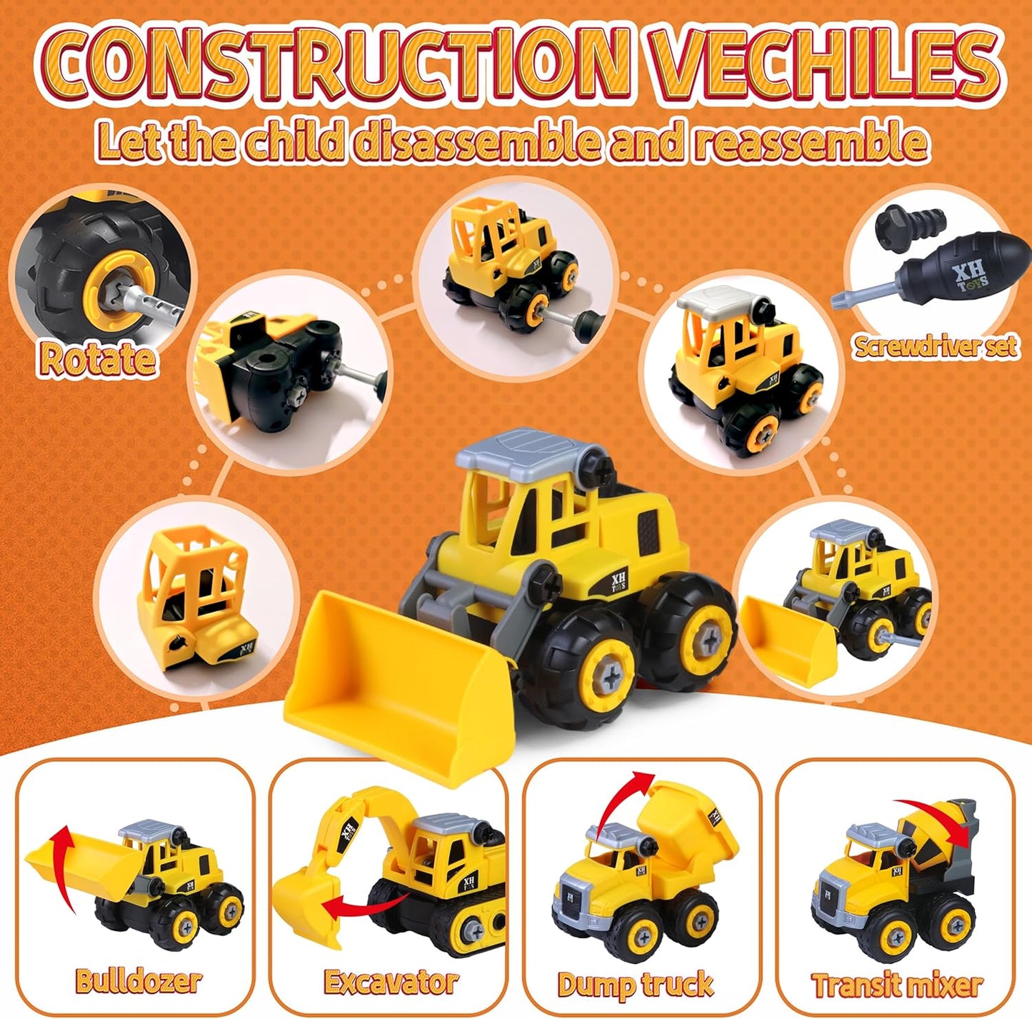Play Construction Sand Kit,2.2lbs Magic Sand W/4 Large Take Apart Construction Trucks,1 Sandbox,8 Worker Figures and Road Signs,8 Molds,Toys for 2-8 Years Old Boys Girls