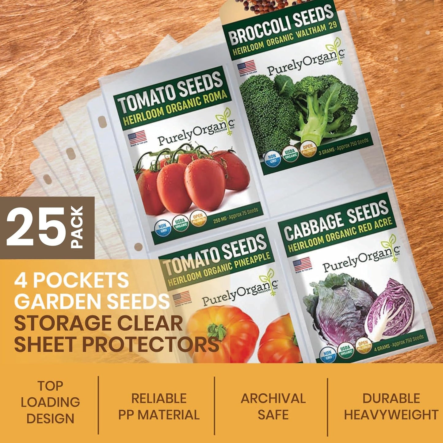 Performore 200 Pockets Seed Storage Organizer Sleeves (3.5" x 5.25") – top Loading 4 Pocket Garden Seed Organizer Fits Standard 3-Ring Binders – for Seed Packets, Coupons, Photos, and Cards – 25 Pack