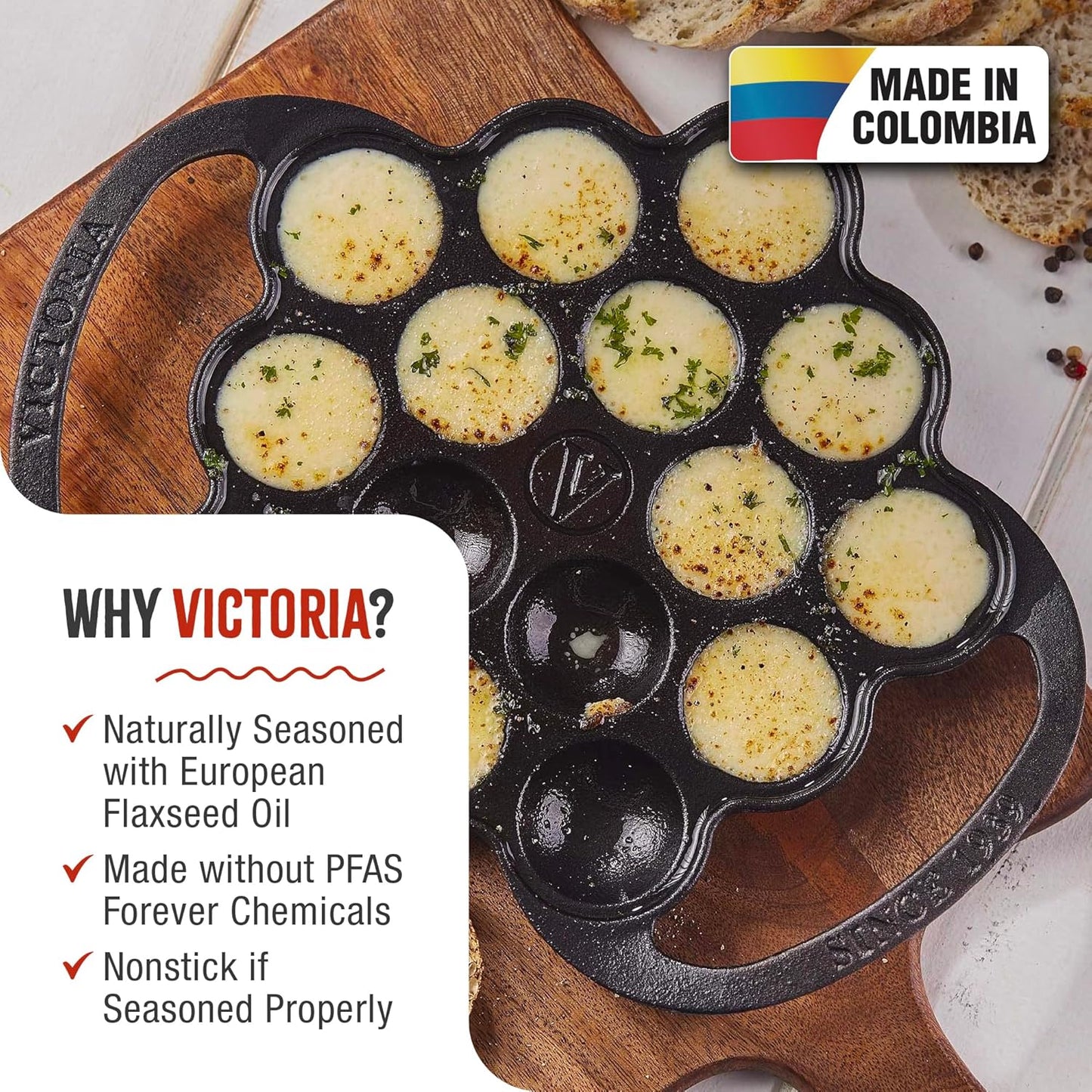 Victoria Cast Iron Poffertjes Dutch Pancake Pan with Loop Handles, Preseasoned with Flaxseed Oil, Made in Colombia