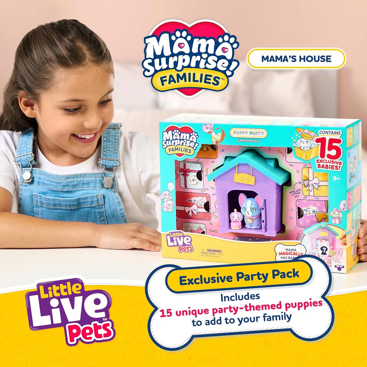 Little Live Pets Puppy House Playset, Mama Surprise Families Little Live Pets Puppy Party Pack, 15 Mini Collectible Puppies, Fold-Out Playset, Miniature Toys, Gift for Kids 5+