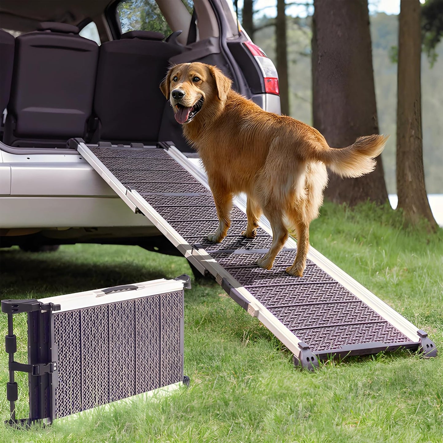 Dog Ramp for Car - Stable Anti-Slip Dog Car Ramp for Large Dogs - 63" Long & 15" Wide - 250LBS Capacity - Telescoping Pet Ramp - Lightweight - Reflective Sides - Fixing Clip - Shadow Gray